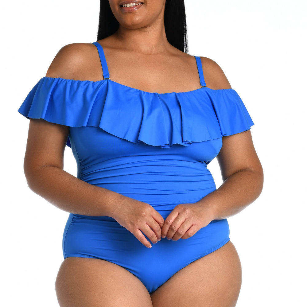 Model is wearing a capri blue colored one piece swimsuit from our Best-Selling Island Goddess collection.