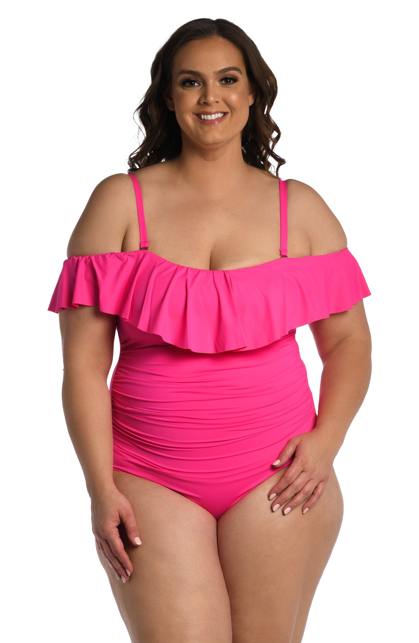 Model is wearing a pop pink colored one piece swimsuit from our Best-Selling Island Goddess collection.