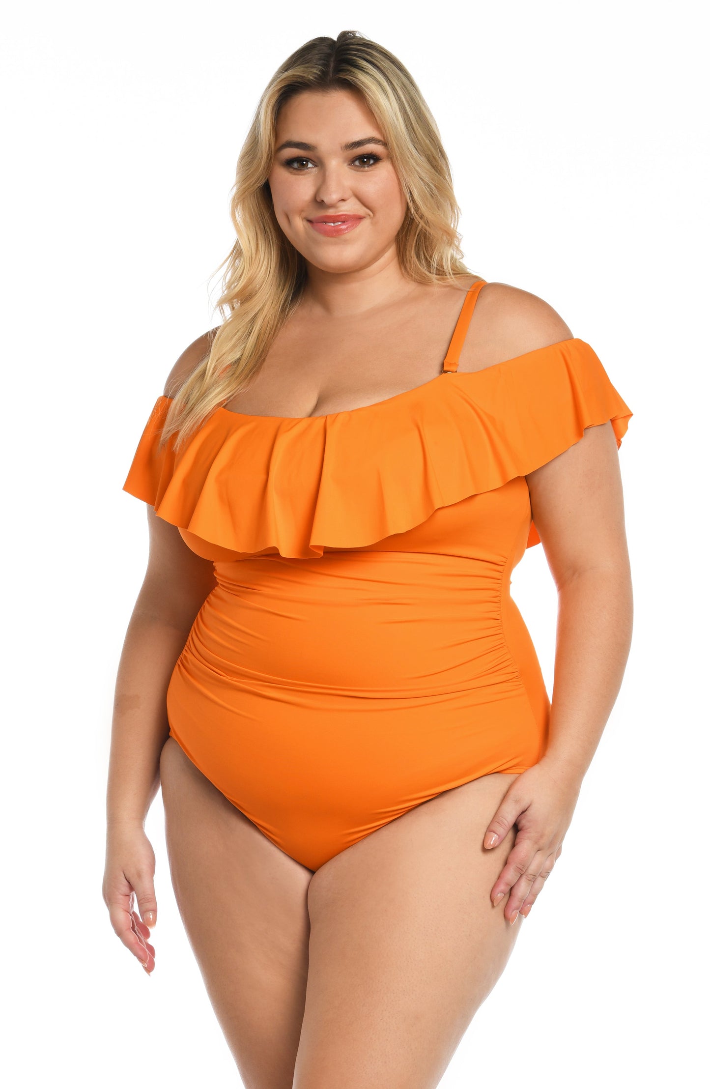 Model is wearing a tangerine colored one piece swimsuit from our Best-Selling Island Goddess collection.