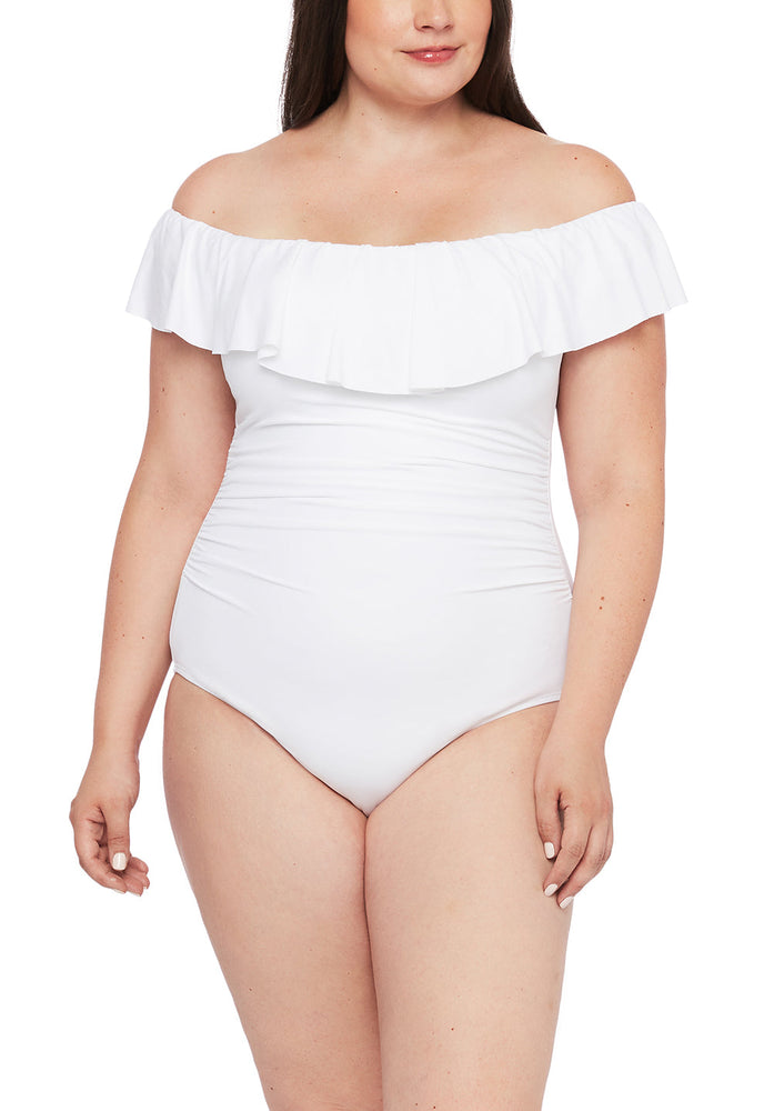 
                  
                    Model is wearing a white ruffle one piece swimsuit from our Best-Selling Island Goddess collection.
                  
                