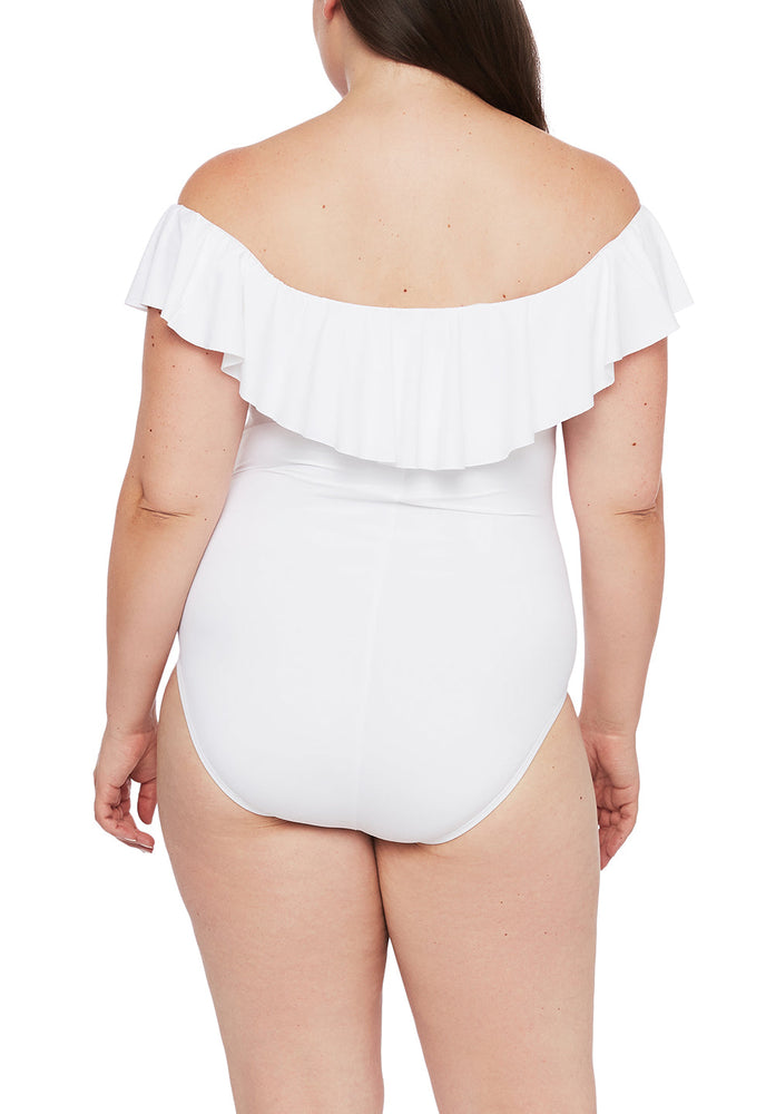 
                  
                    Model is wearing a white ruffle one piece swimsuit from our Best-Selling Island Goddess collection.
                  
                