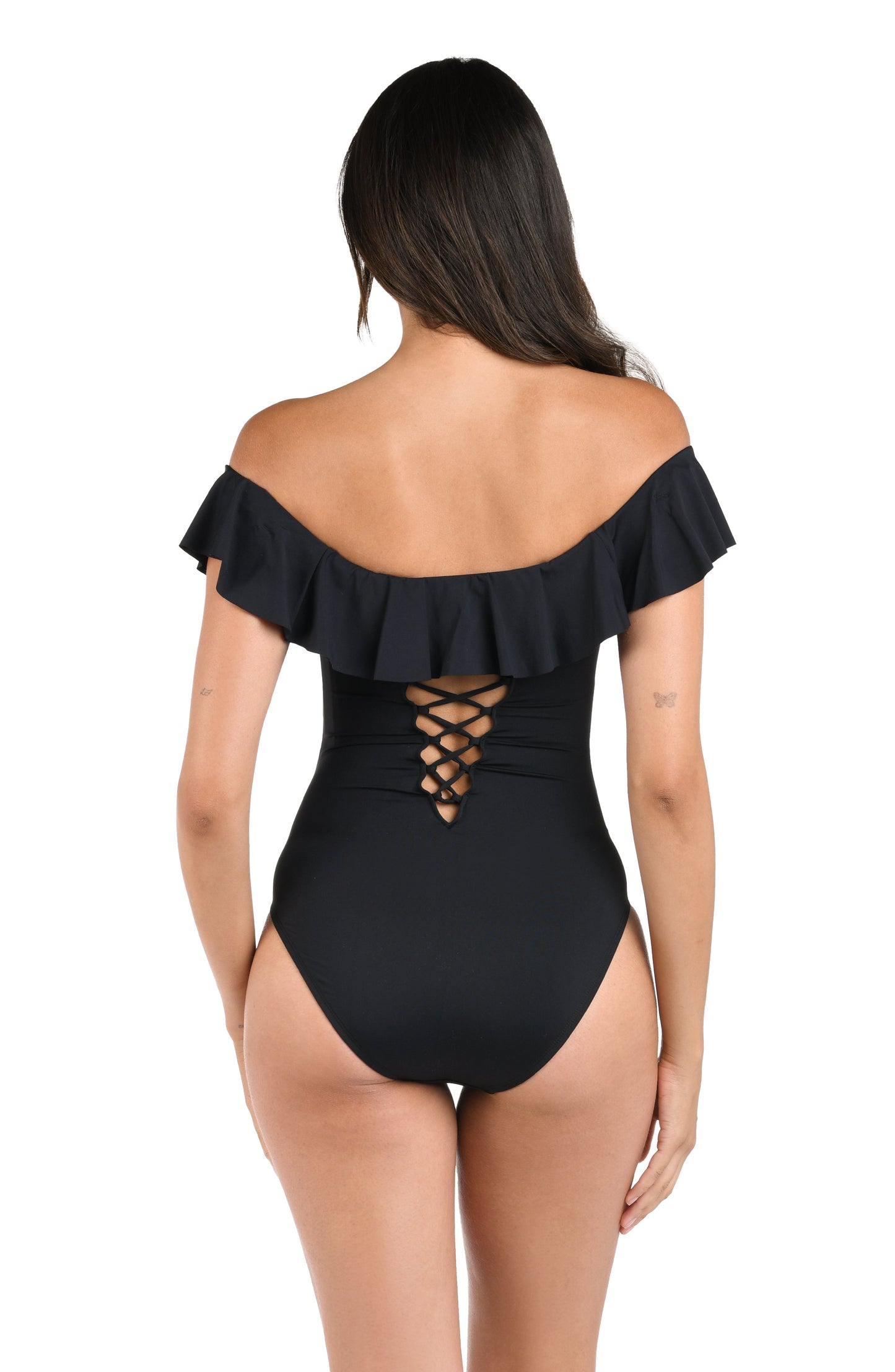 Model is wearing a black one piece swimsuit from our Best-Selling Island Goddess collection.