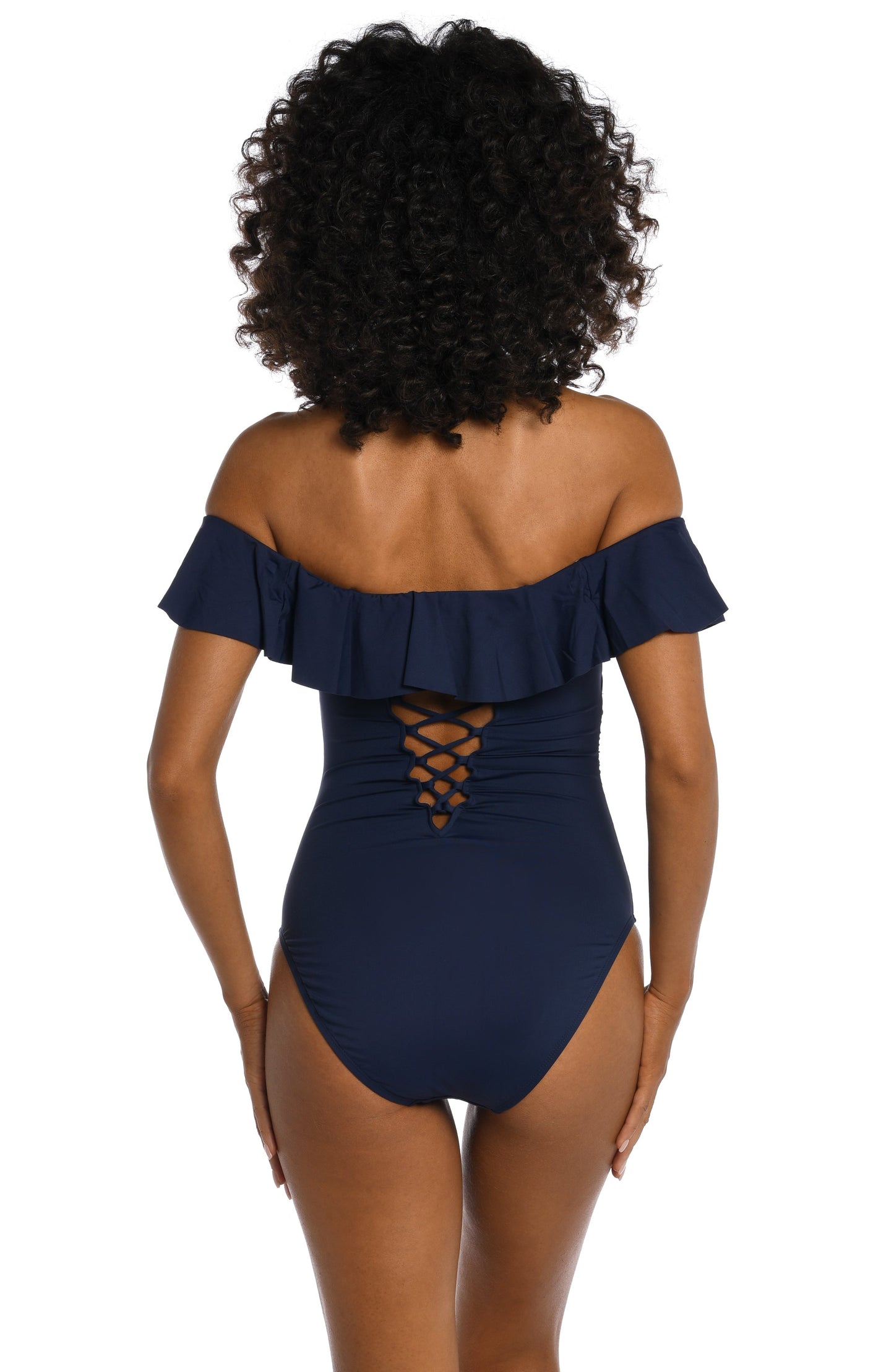 Model is wearing a indigo colored one piece swimsuit from our Best-Selling Island Goddess collection.