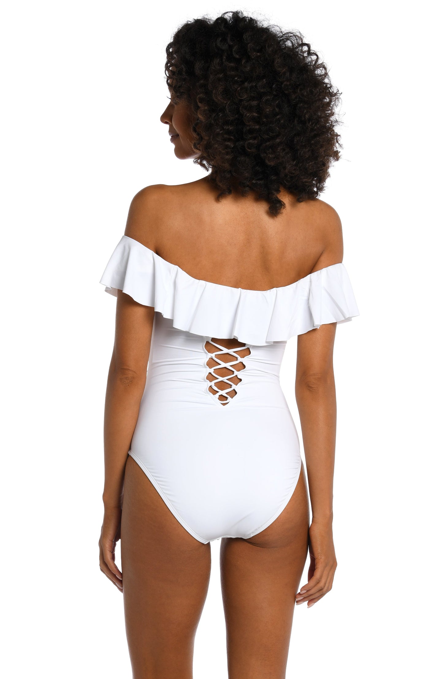 Model is wearing a white ruffle one piece swimsuit from our Best-Selling Island Goddess collection.