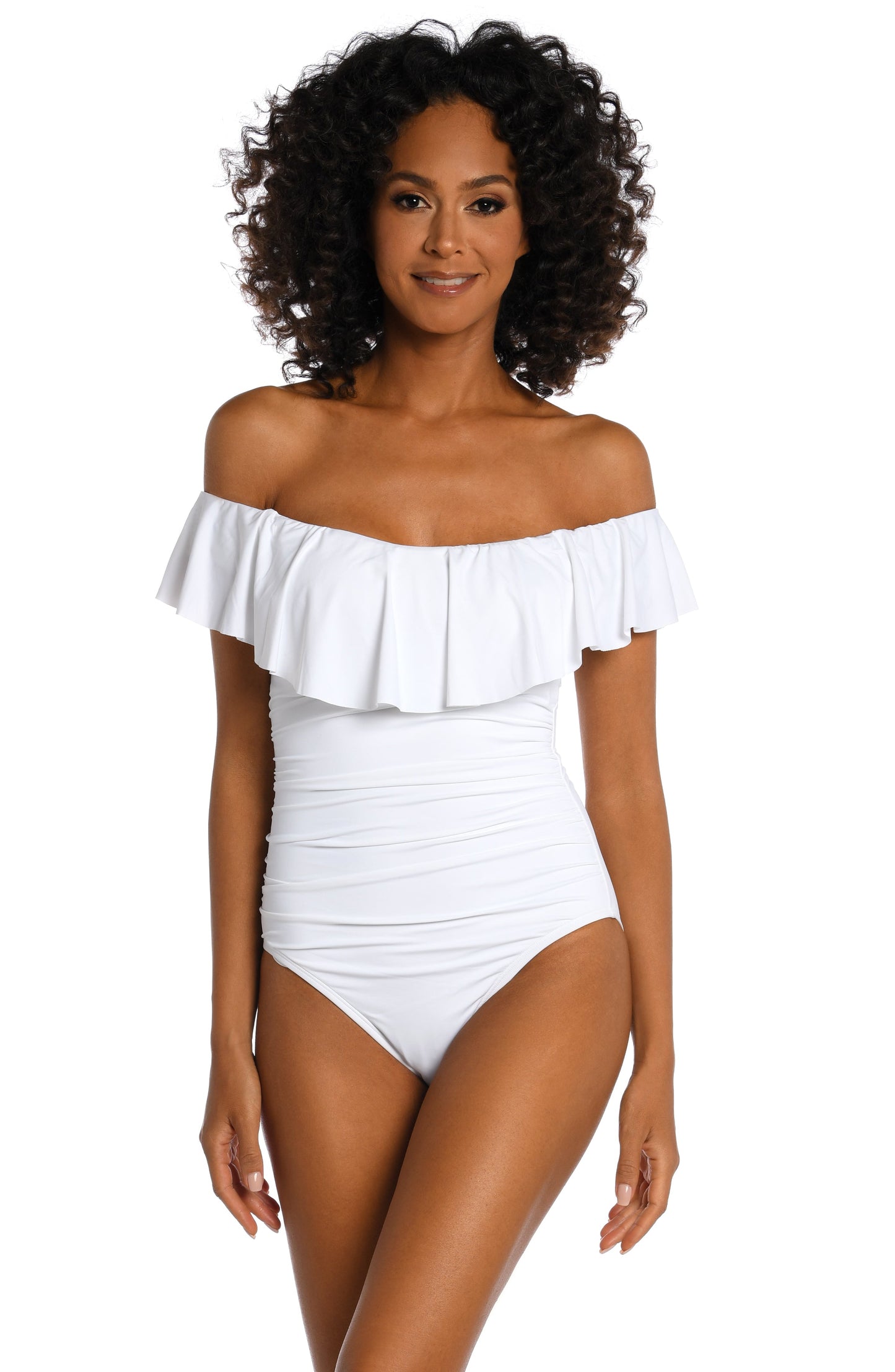 Model is wearing a white ruffle one piece swimsuit from our Best-Selling Island Goddess collection.