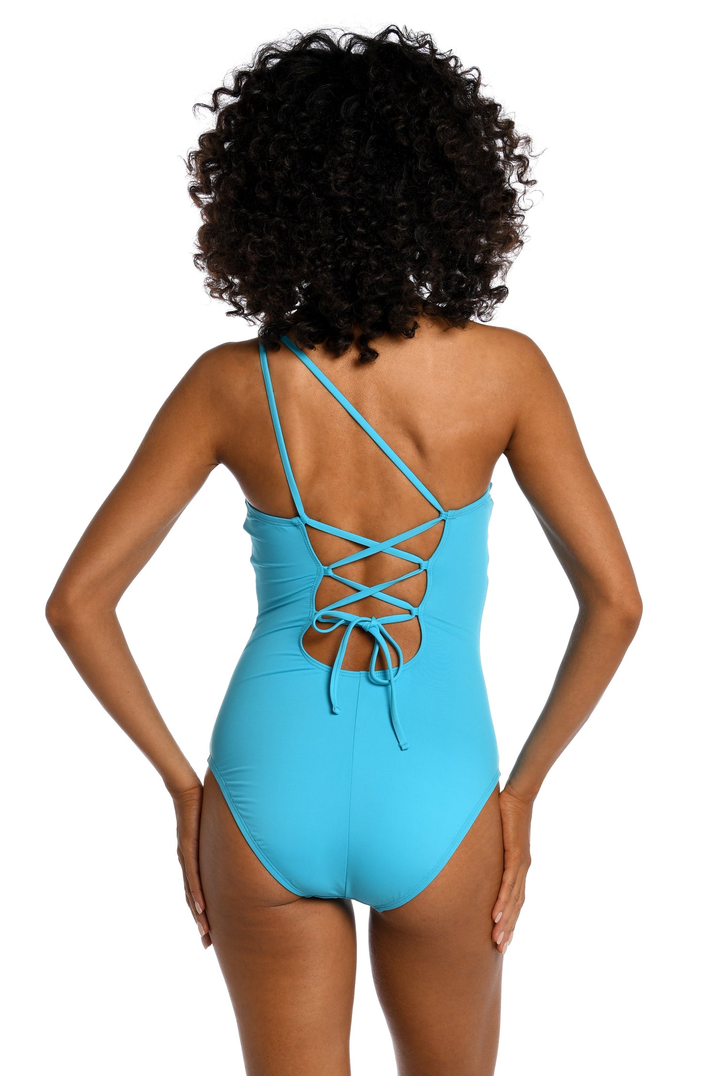 Model is wearing a azul (light blue) colored one piece swimsuit from our Best-Selling Island Goddess collection.