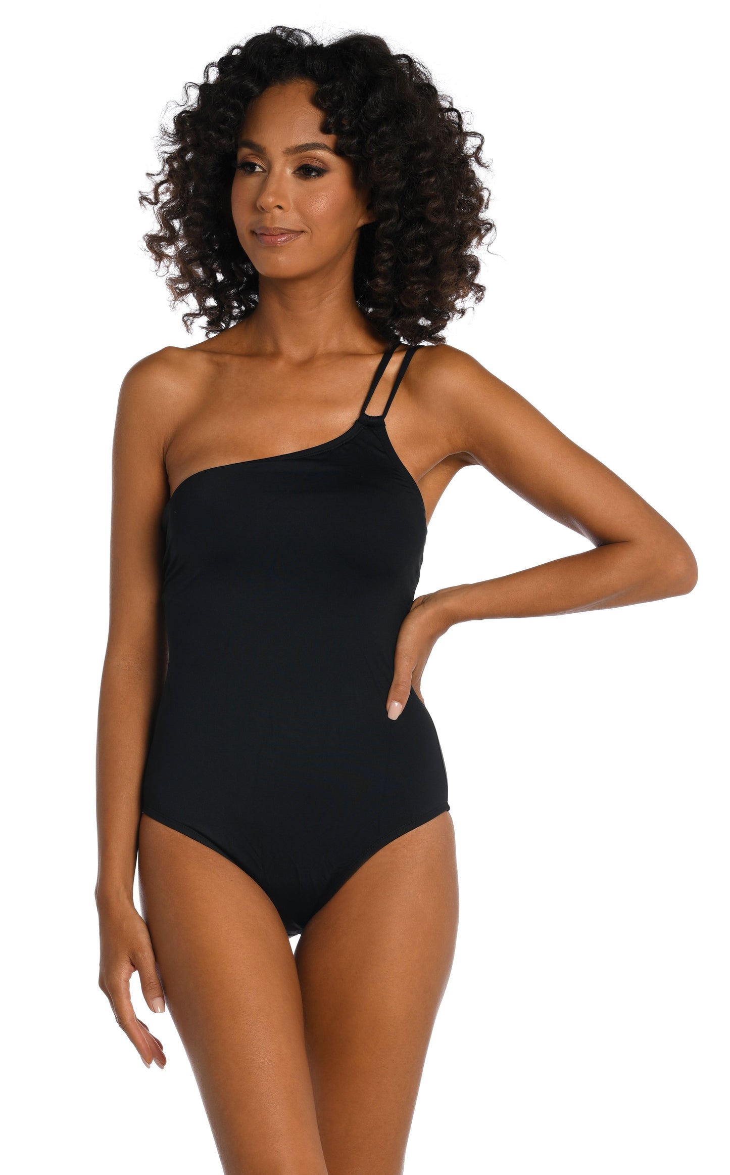 Model is wearing a black one piece swimsuit from our Best-Selling Island Goddess collection.