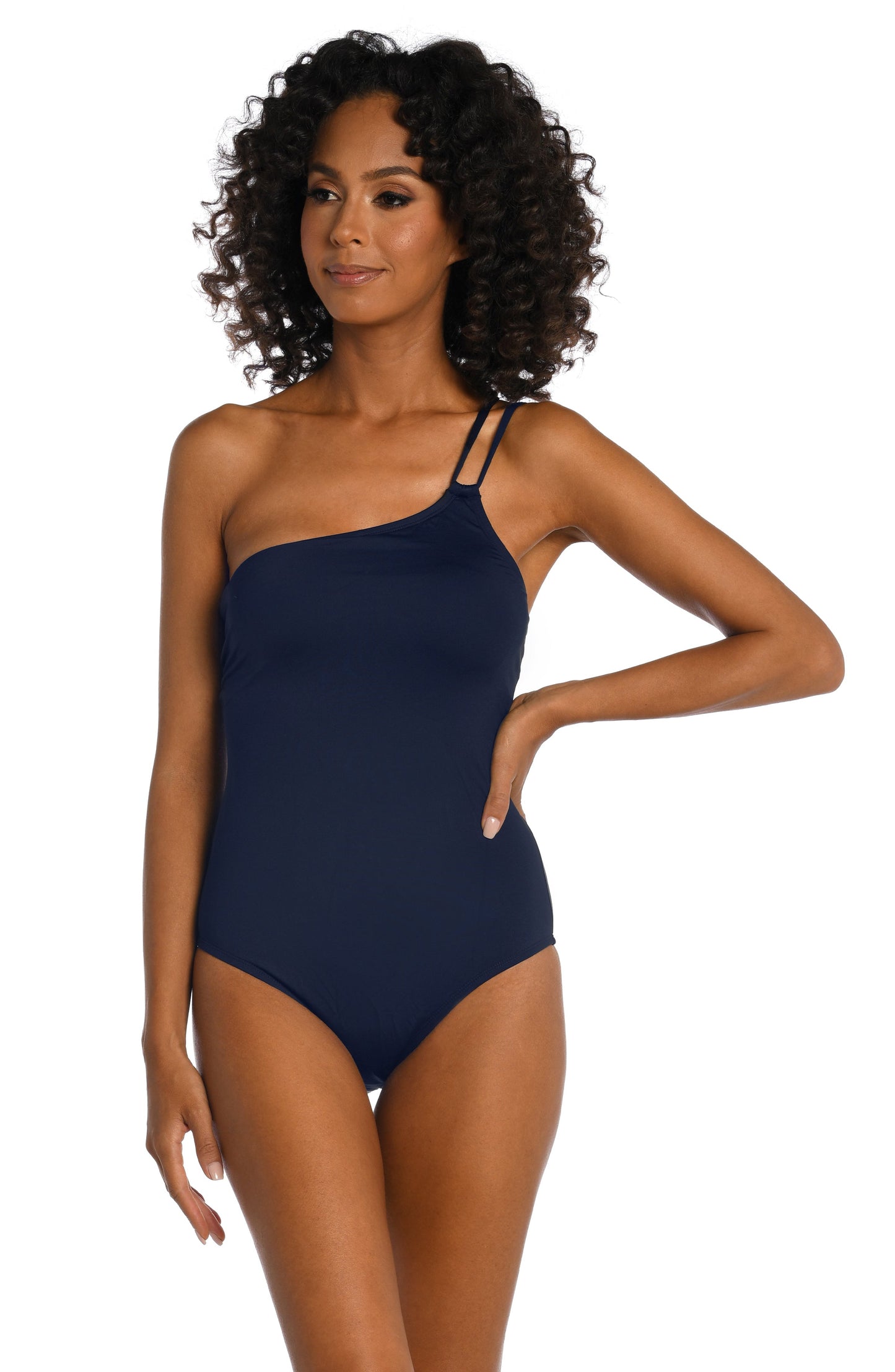 Model is wearing a indigo colored one piece swimsuit from our Best-Selling Island Goddess collection.