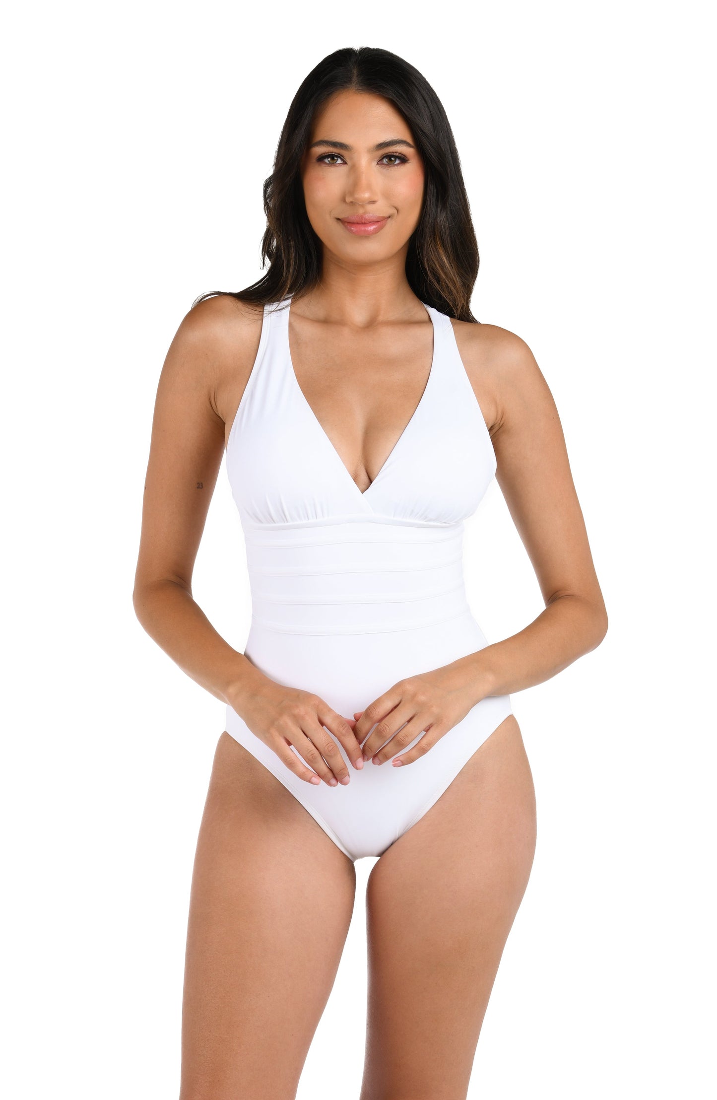 Model is wearing a white one piece swimsuit from our Best-Selling Island Goddess collection.