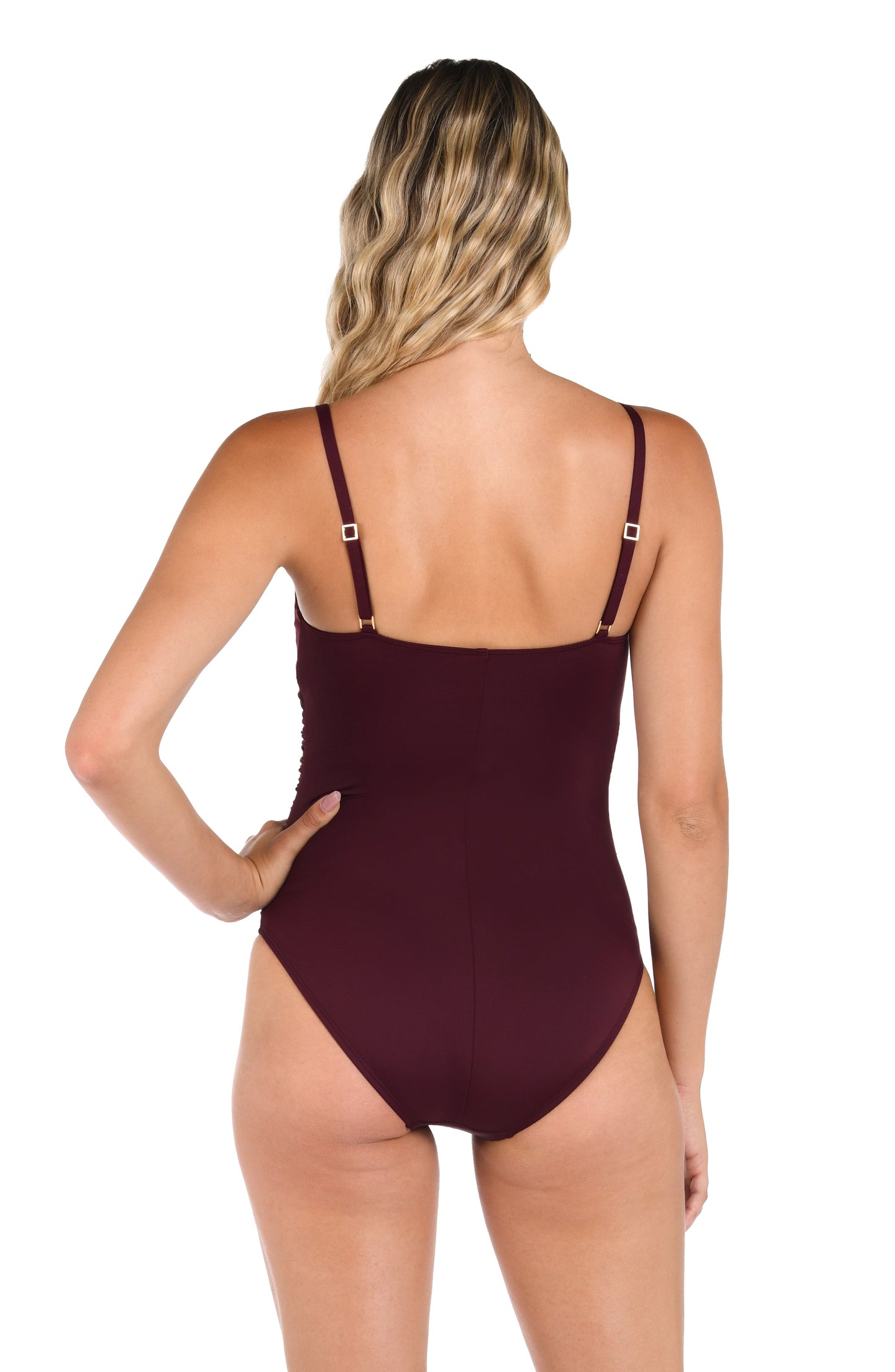 Model is wearing an Island Goddess Lingerie One Piece in Dark Cherry.