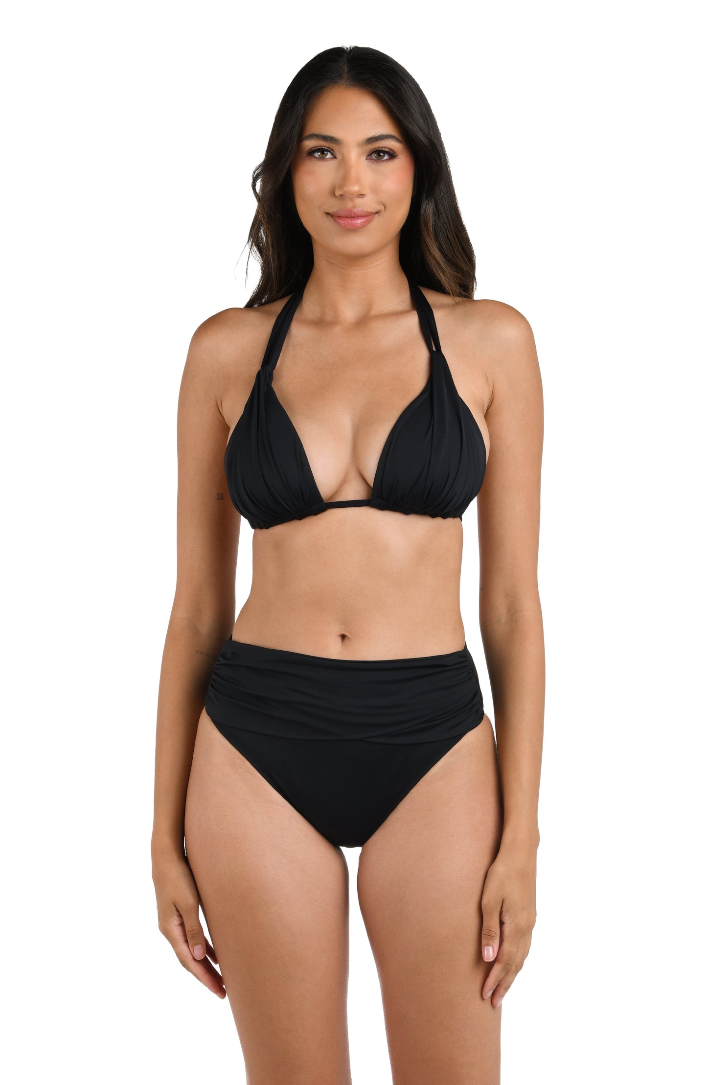 Model is wearing a black halter triangle swimsuit top from our Best-Selling Island Goddess collection.