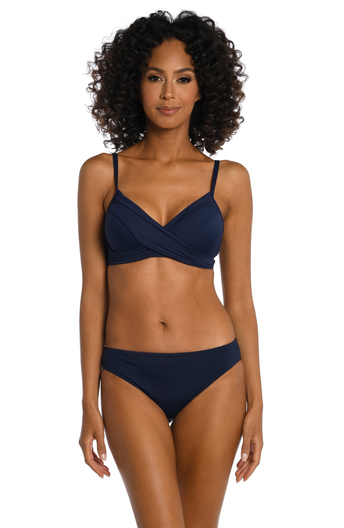 Model is wearing a indigo colored underwire swimsuit top from our Best-Selling Island Goddess collection.