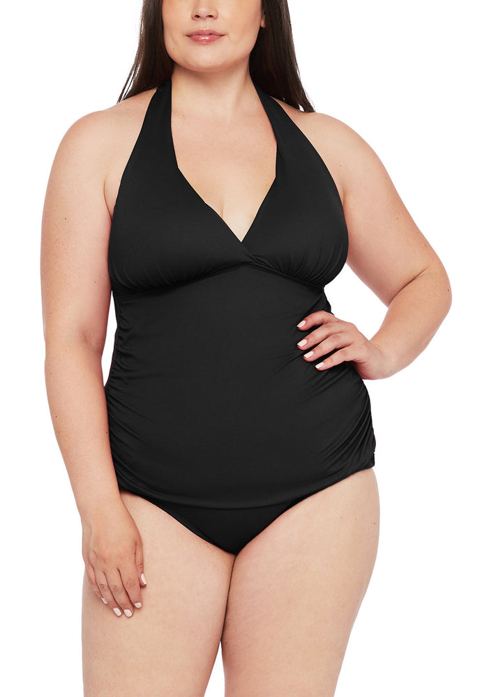 
                  
                    Model is wearing a black halter tankini swimsuit top from our Best-Selling Island Goddess collection.
                  
                