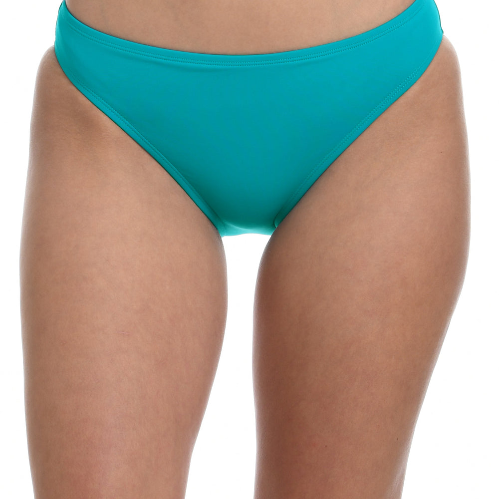 Model is wearing a turquoise colored hipster swimsuit bottom from our Best-Selling Island Goddess collection.