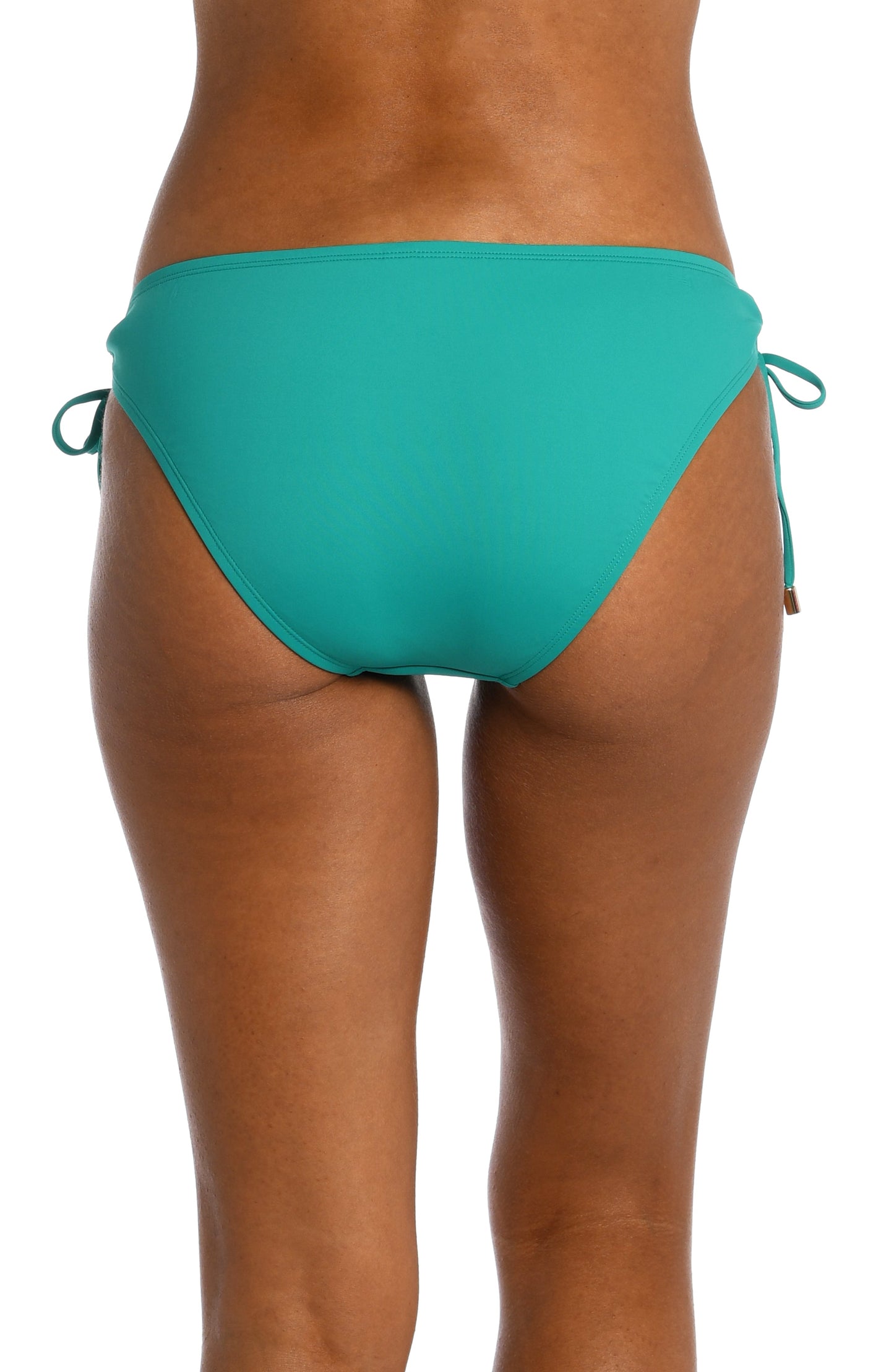 Model is wearing a emerald colored side-tie hipster swimsuit bottom from our Best-Selling Island Goddess collection.