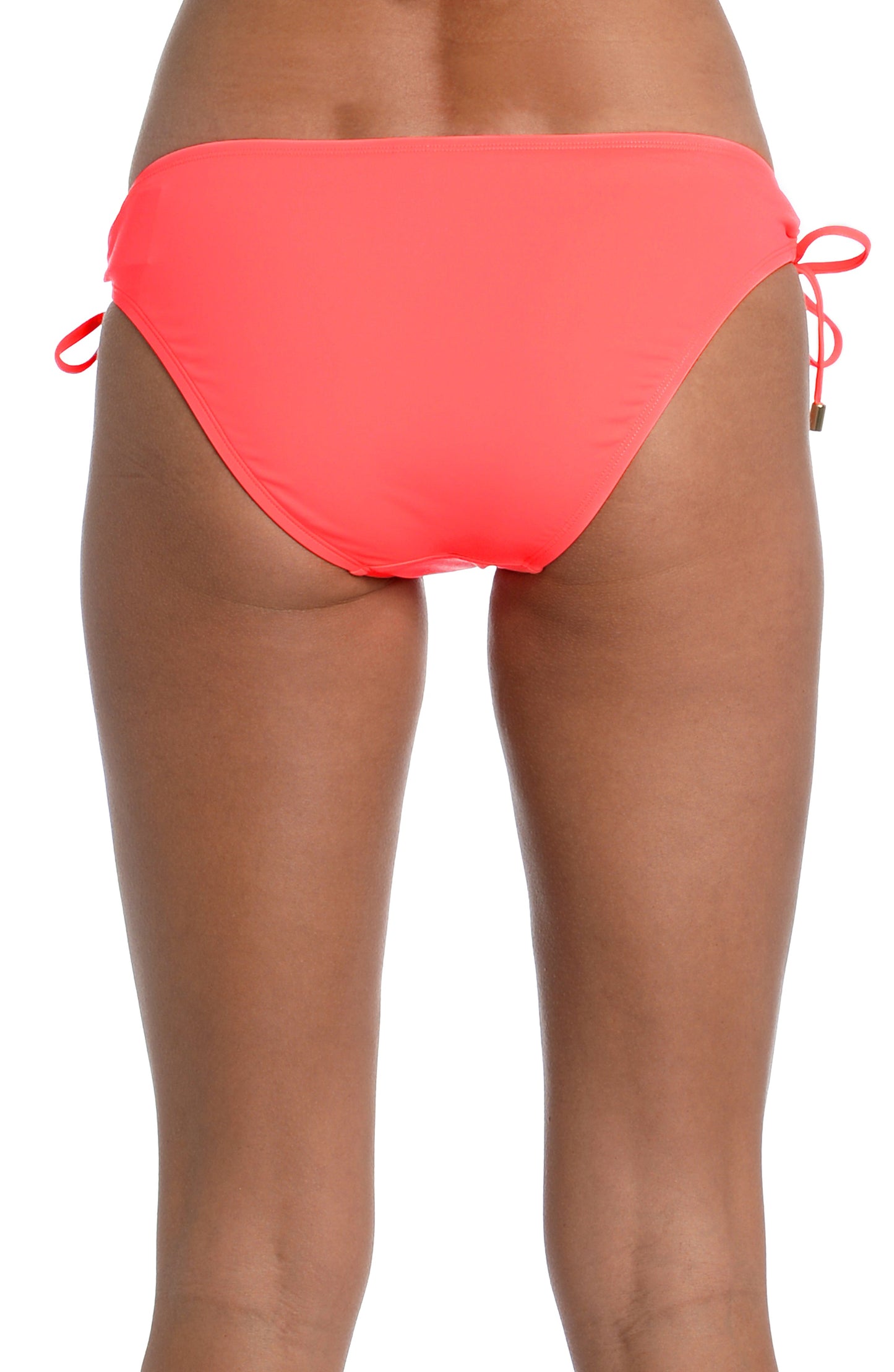 Model is wearing a hot coral colored side-tie hipster swimsuit bottom from our Best-Selling Island Goddess collection.