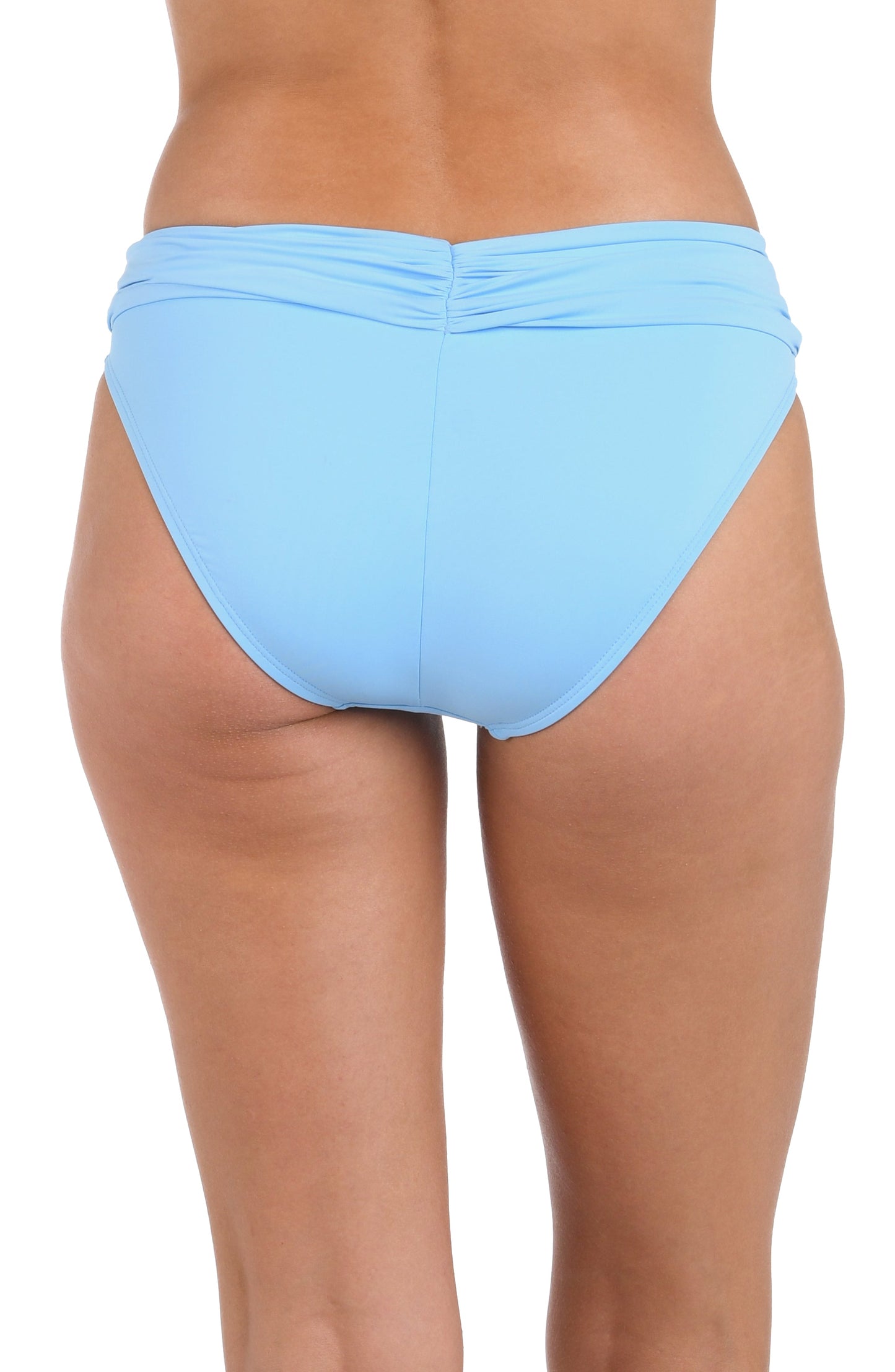 Back image of model wearing the Island Goddess Shirred Band Hipster Swimsuit Bottom in Crystal Blue.