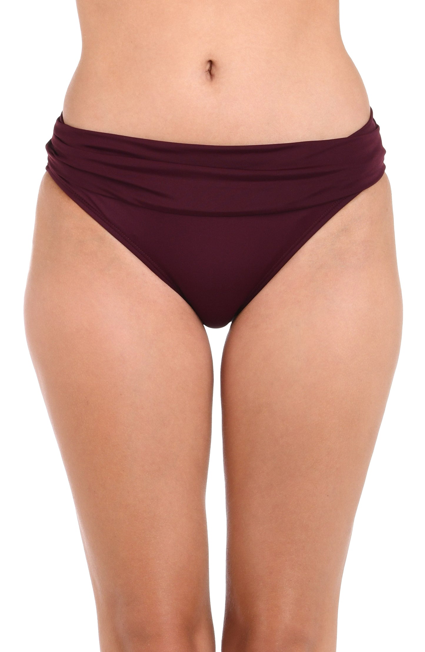 Model is wearing an Island Goddess Shirred Band Hipster Bottom in Dark Cherry.