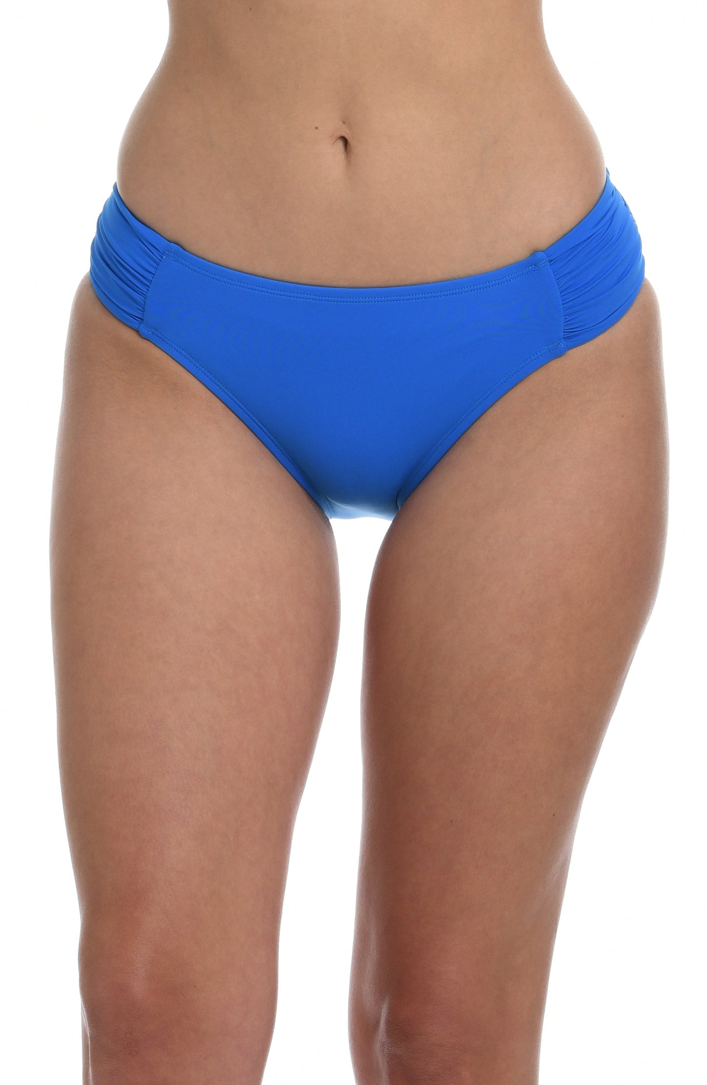 Model is wearing a capri blue colored side-shirred swimsuit bottom from our Best-Selling Island Goddess collection.