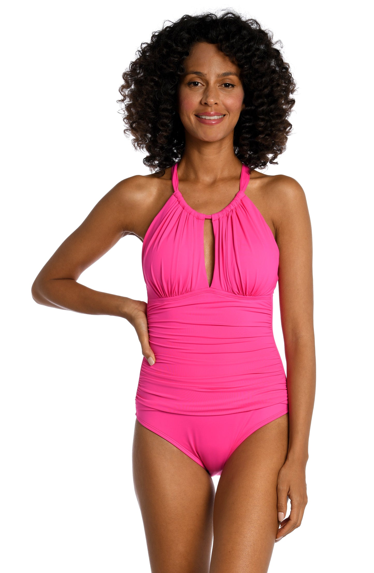 Model is wearing a pop pink colored one piece swimsuit from our Best-Selling Island Goddess collection.