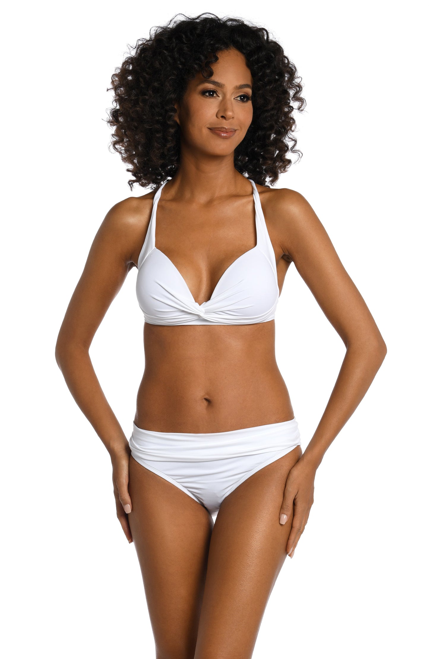 Model is wearing a white twist front swimsuit top from our Best-Selling Island Goddess collection.