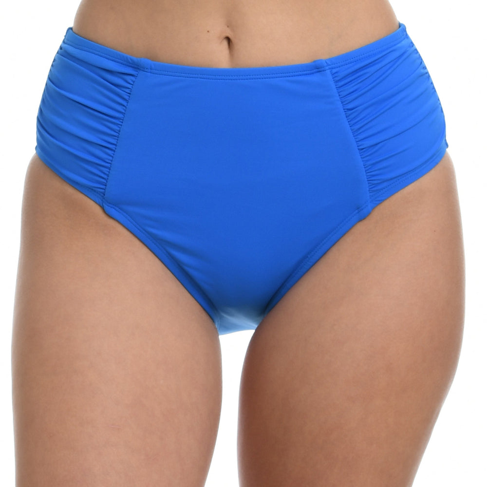 Model is wearing a capri blue colored high waist swimsuit bottom from our Best-Selling Island Goddess collection.