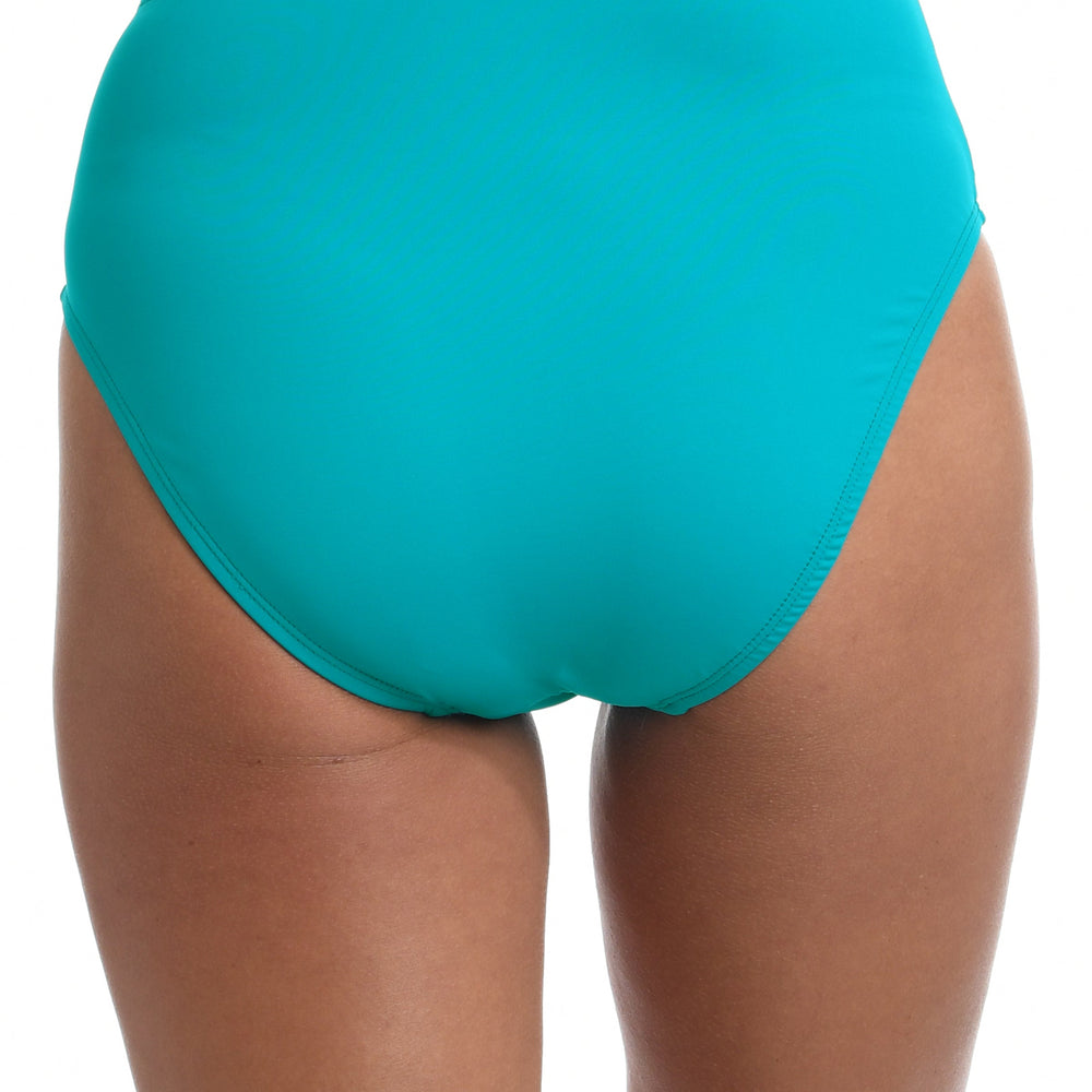 Model is wearing a turquoise colored high waist swimsuit bottom from our Best-Selling Island Goddess collection.