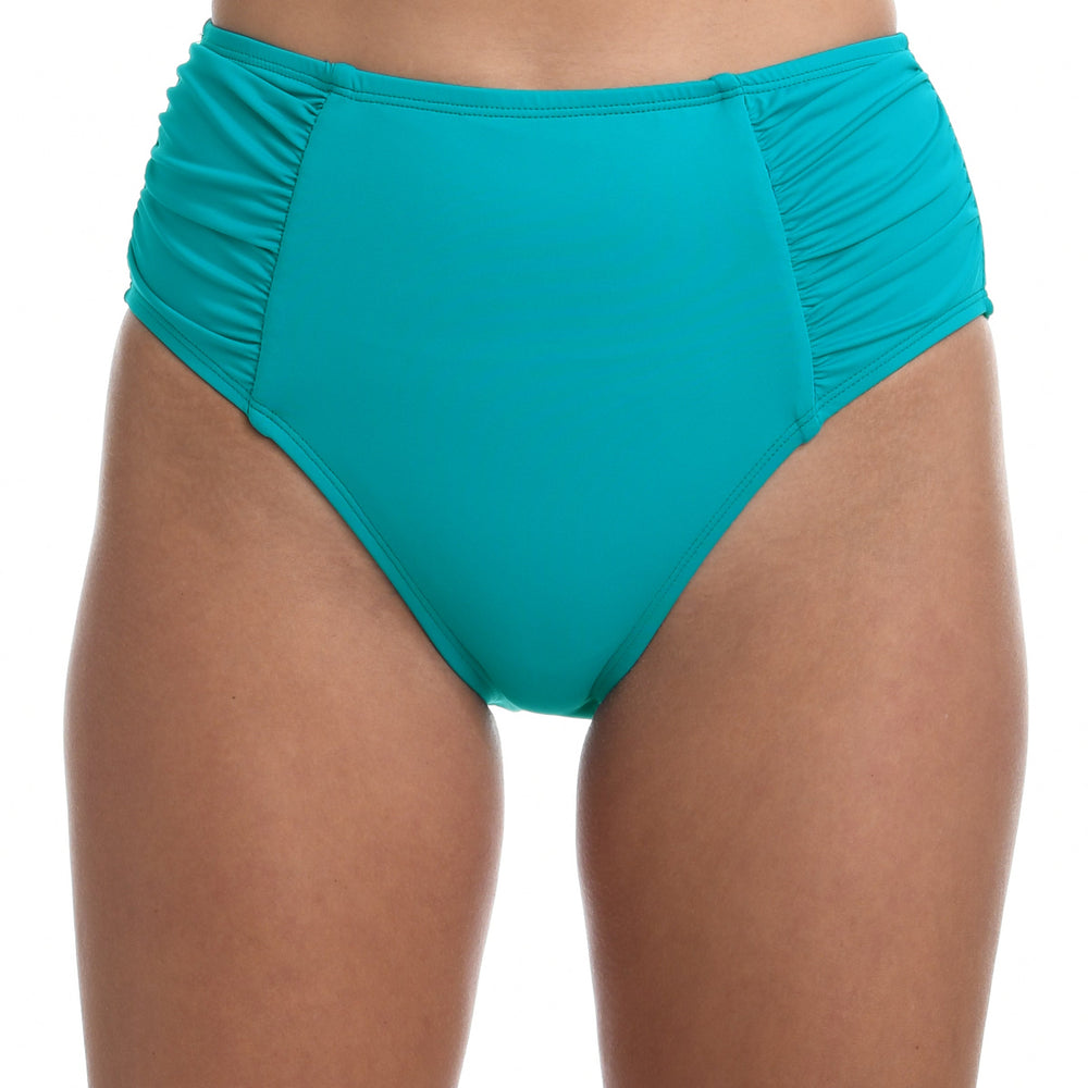 Model is wearing a turquoise colored high waist swimsuit bottom from our Best-Selling Island Goddess collection.