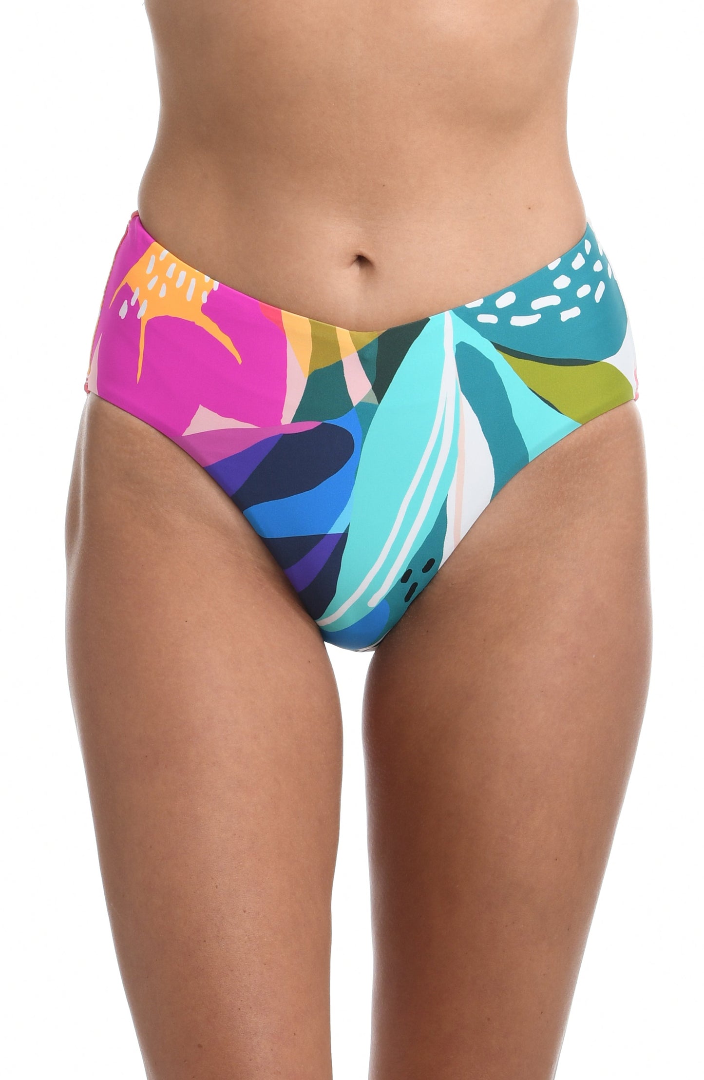 Model is wearing a multi colored tropical printed high waist swimsuit bottom from our Eclectic Shore collection.