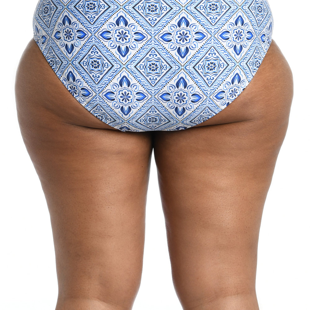 Model is wearing a light blue artful mosaic printed high waist swimsuit bottom from our Mediterranean Breeze collection.