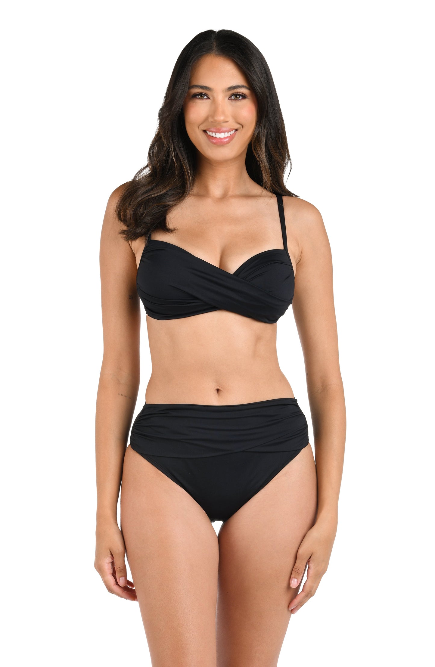 Model is wearing a black over the shoulder swimsuit top from our Best-Selling Island Goddess collection.