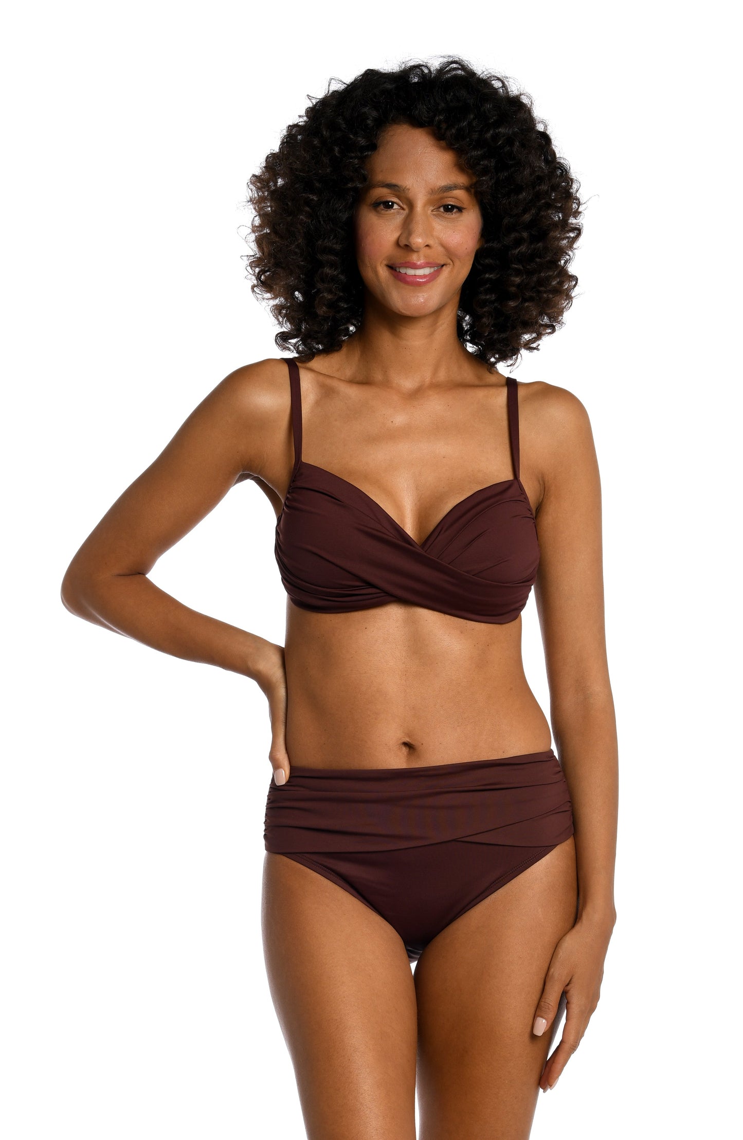 Model is wearing a java colored over the shoulder swimsuit top from our Best-Selling Island Goddess collection.