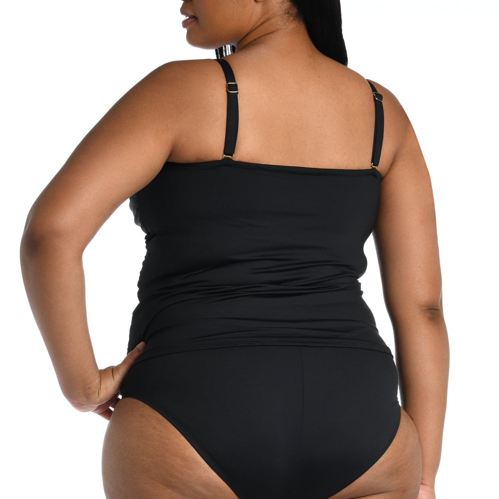 
                  
                    Model is wearing a black bandeau tankini swimsuit top from our Best-Selling Island Goddess collection.
                  
                