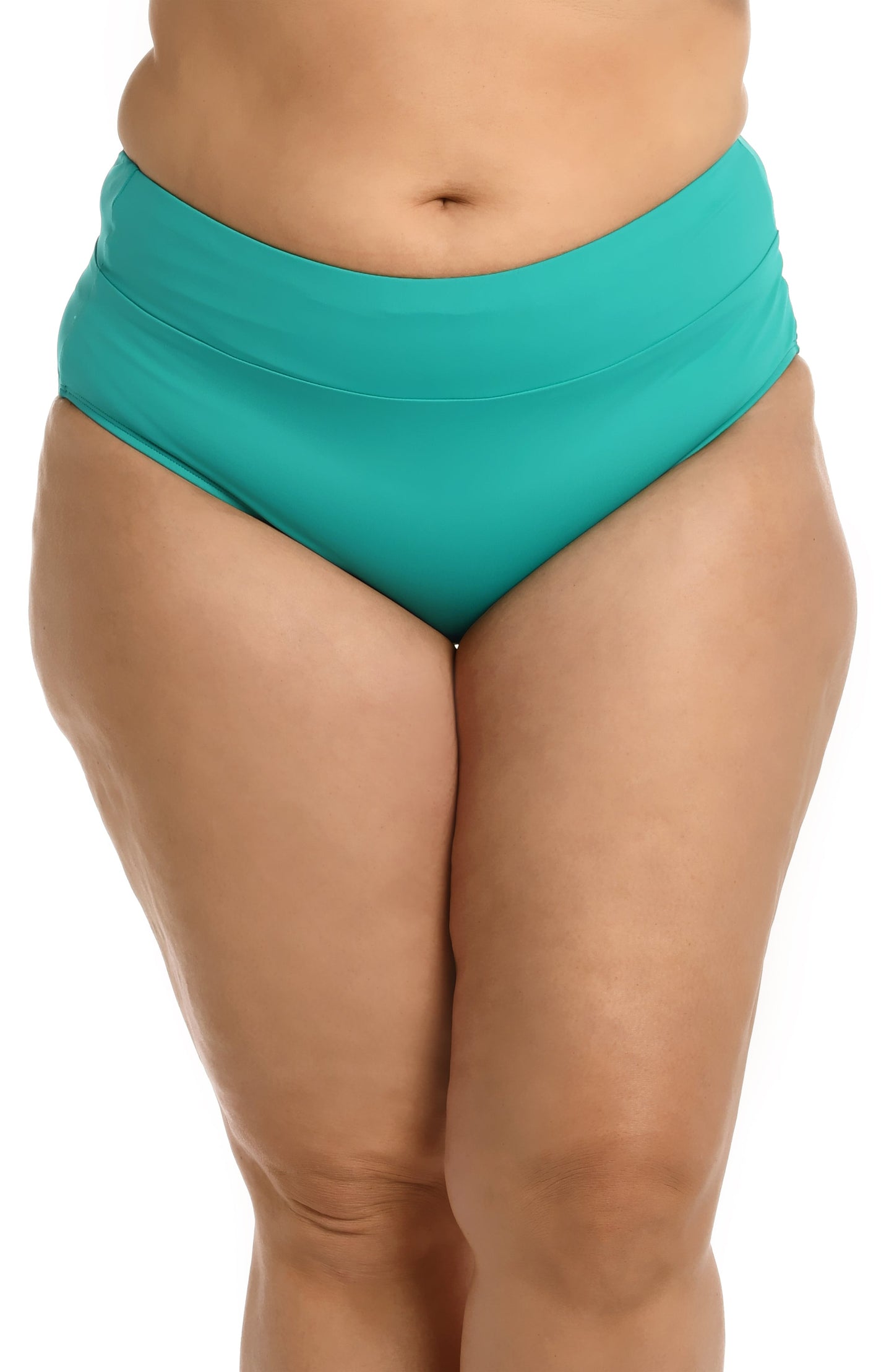 Model is wearing a emerald colored high waist swimsuit bottom from our Best-Selling Island Goddess collection.