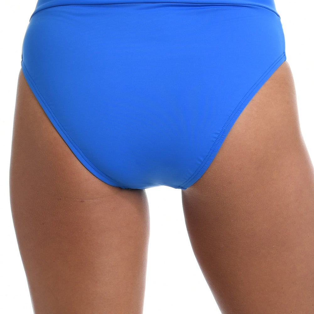 Model is wearing a capri blue colored high waist swimsuit bottom from our Best-Selling Island Goddess collection.