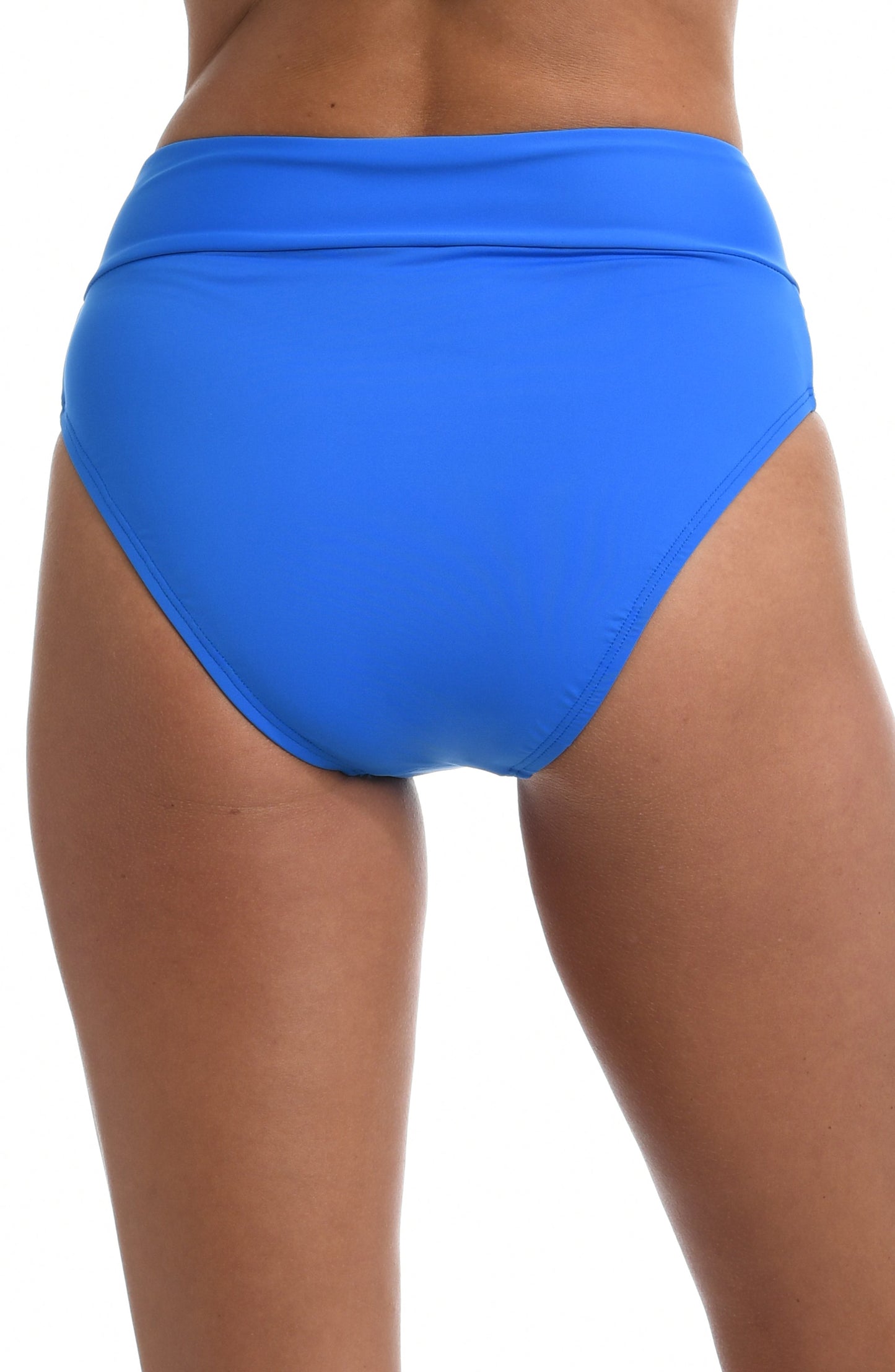 Model is wearing a capri blue colored high waist swimsuit bottom from our Best-Selling Island Goddess collection.