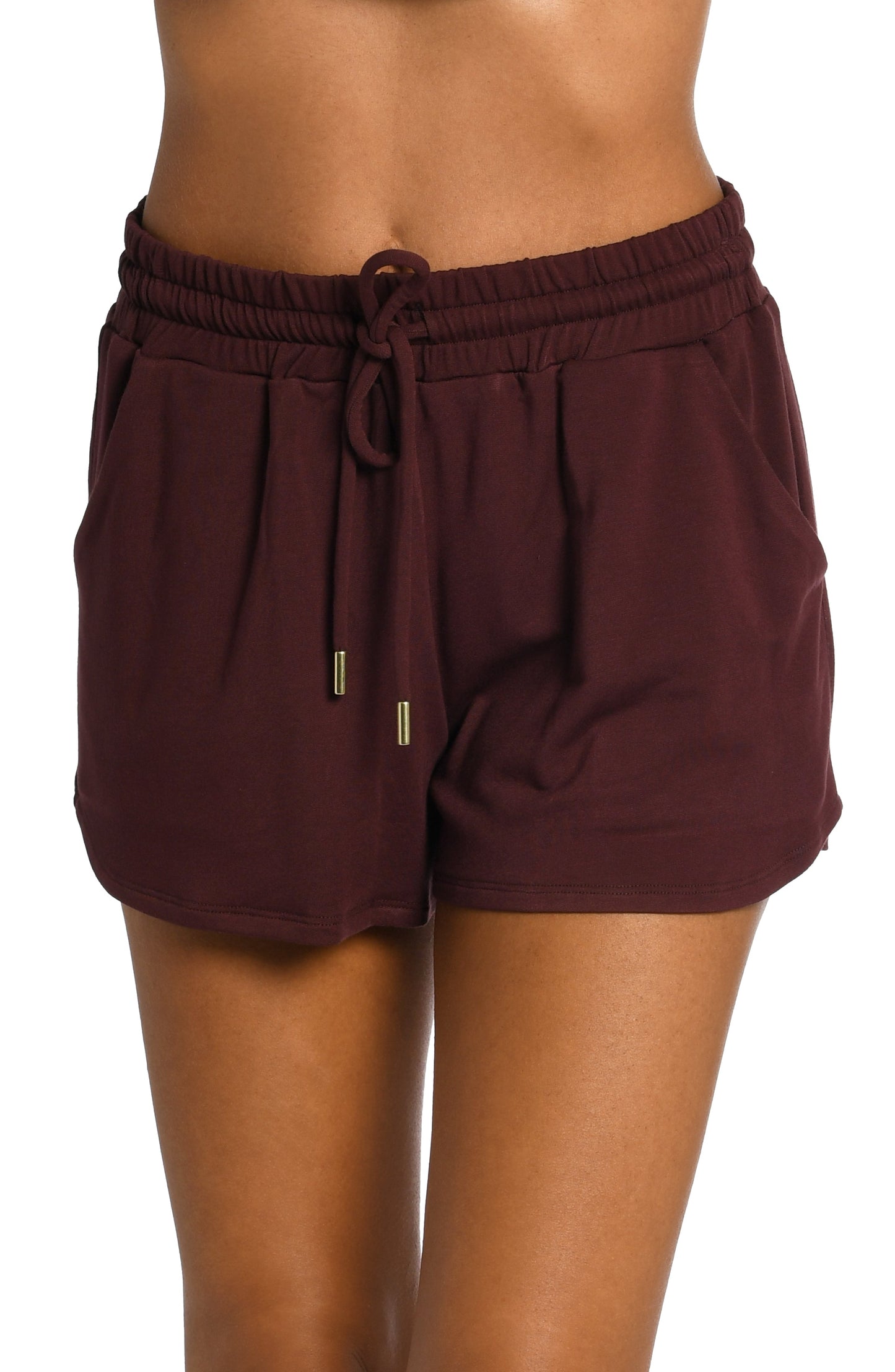 Model is wearing a java colored knitted shorts from our Living in Leisure collection!