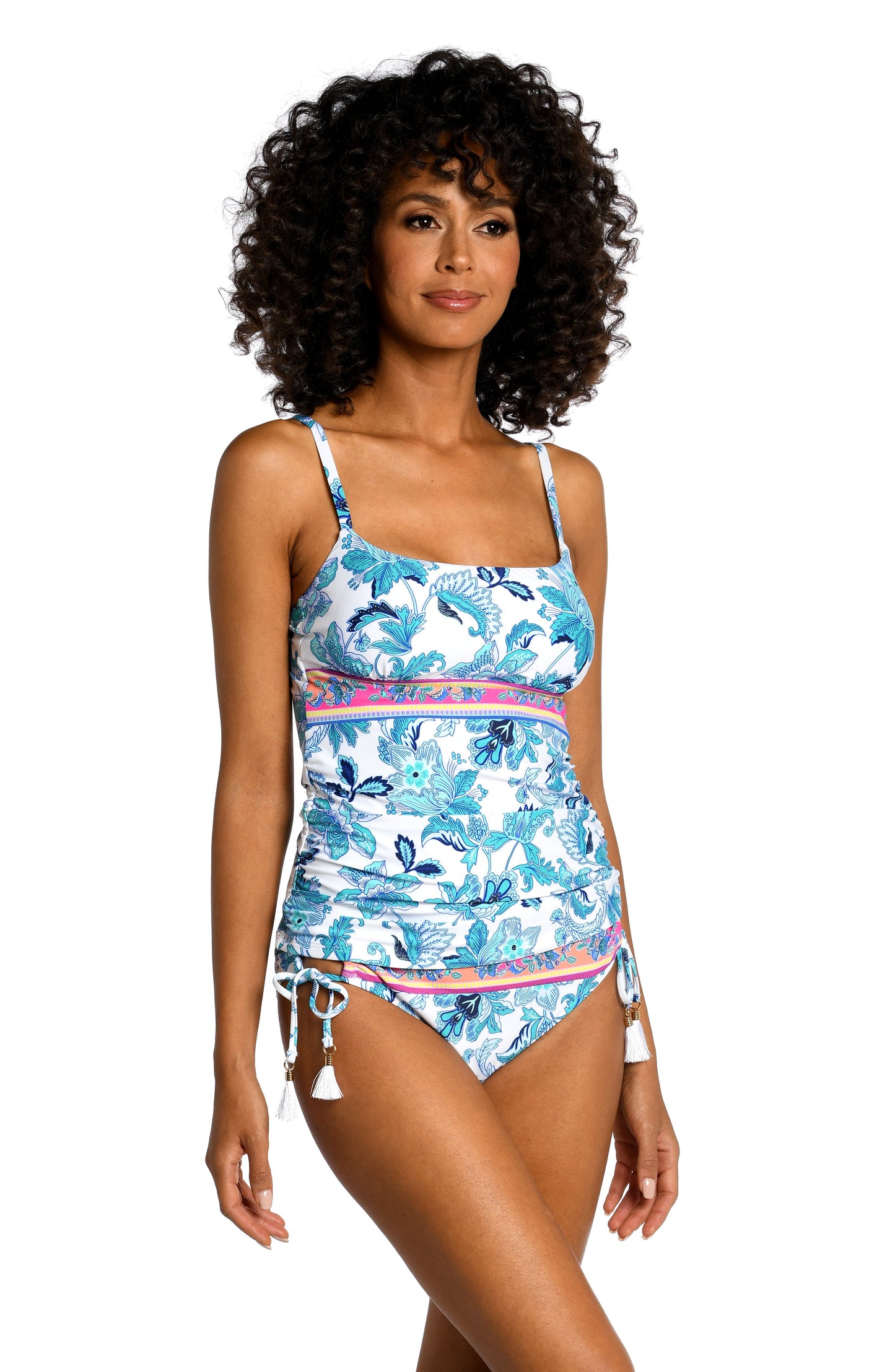 Model is wearing a light blue multi colored mediterranean printed lingerie strap tankini top from our Santorini Sun collection!