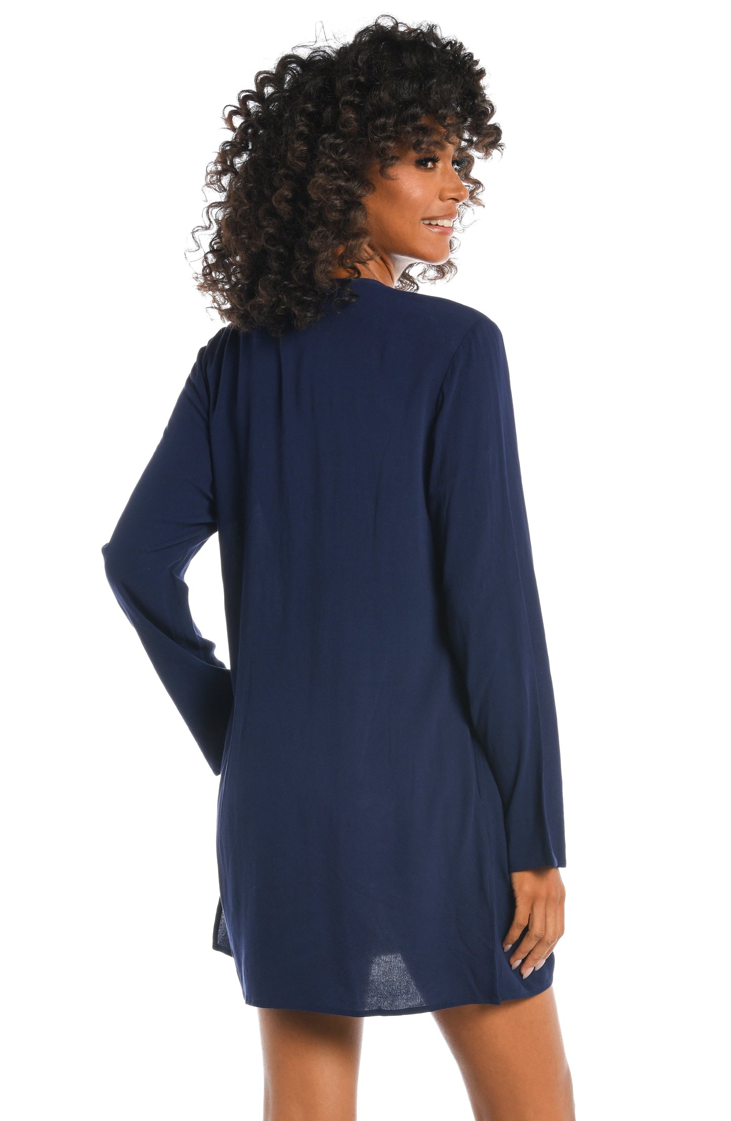 Model is wearing a solid indigo colored tunic cover up from our Beachcomber Basics collection!