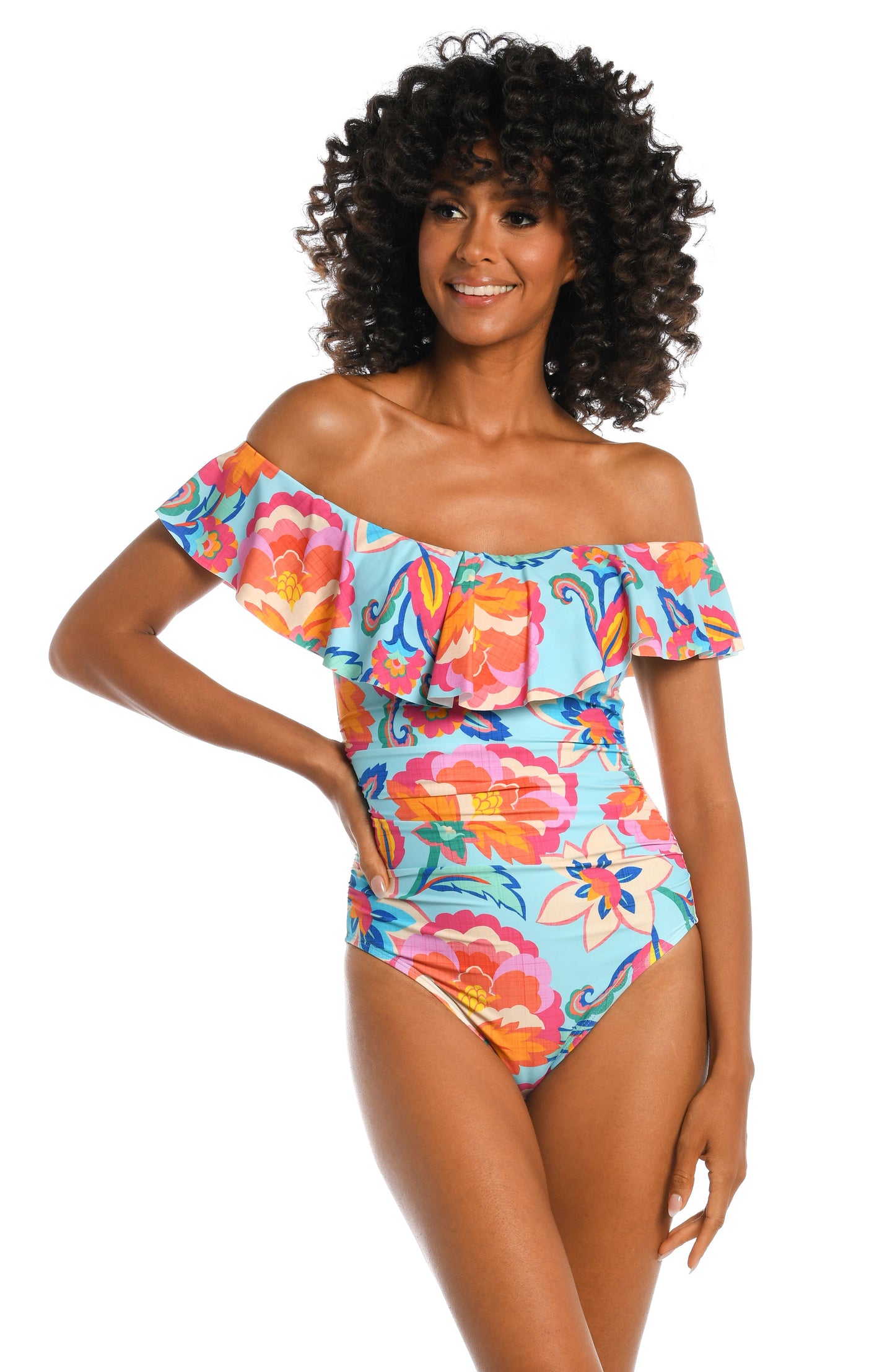 Model is wearing a light blue multi colored tropical printed off shoulder one piece from our Breezy Beauty collection!