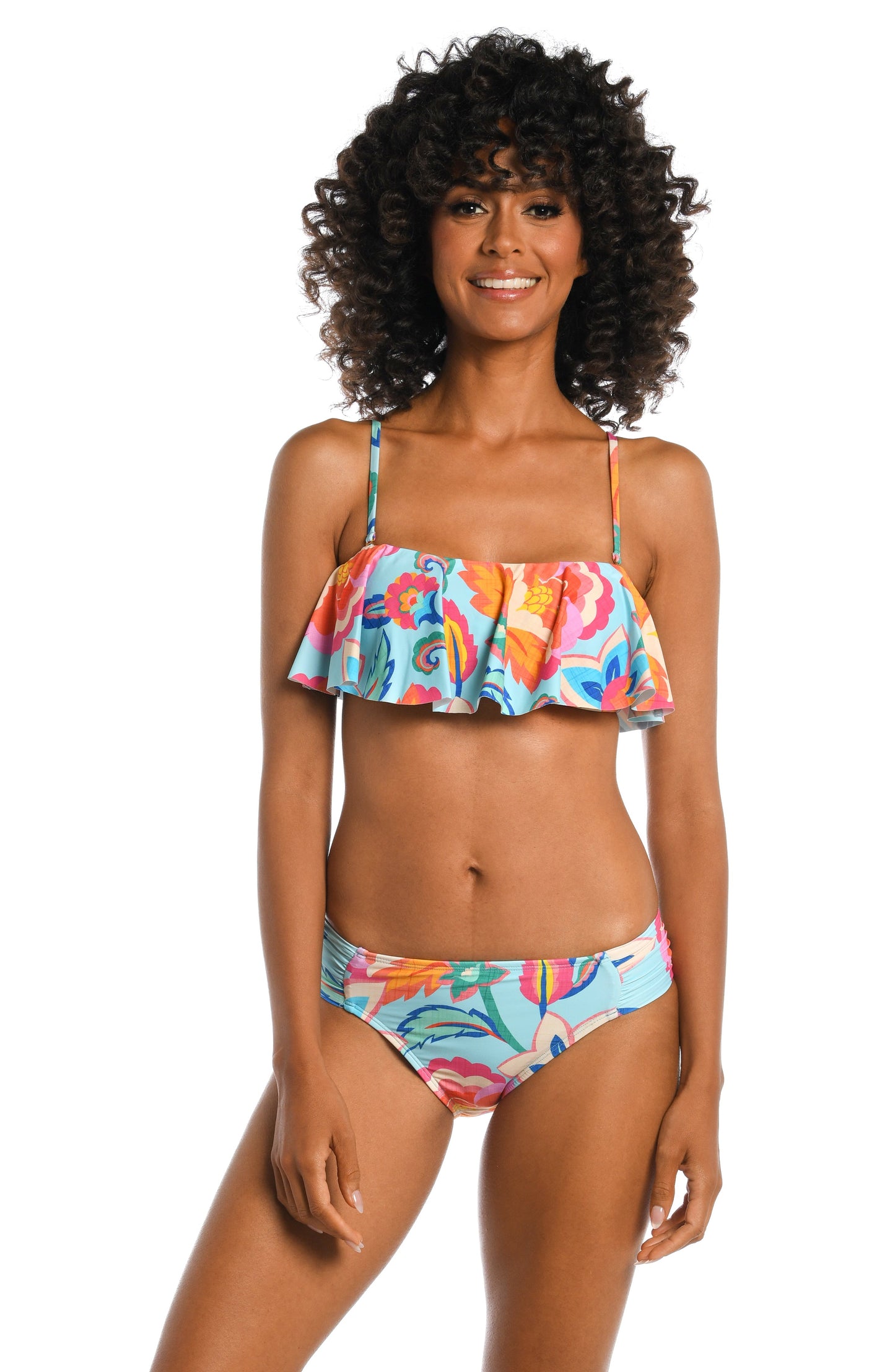 Model is wearing a light blue multi colored tropical printed bandeau top from our Breezy Beauty collection!