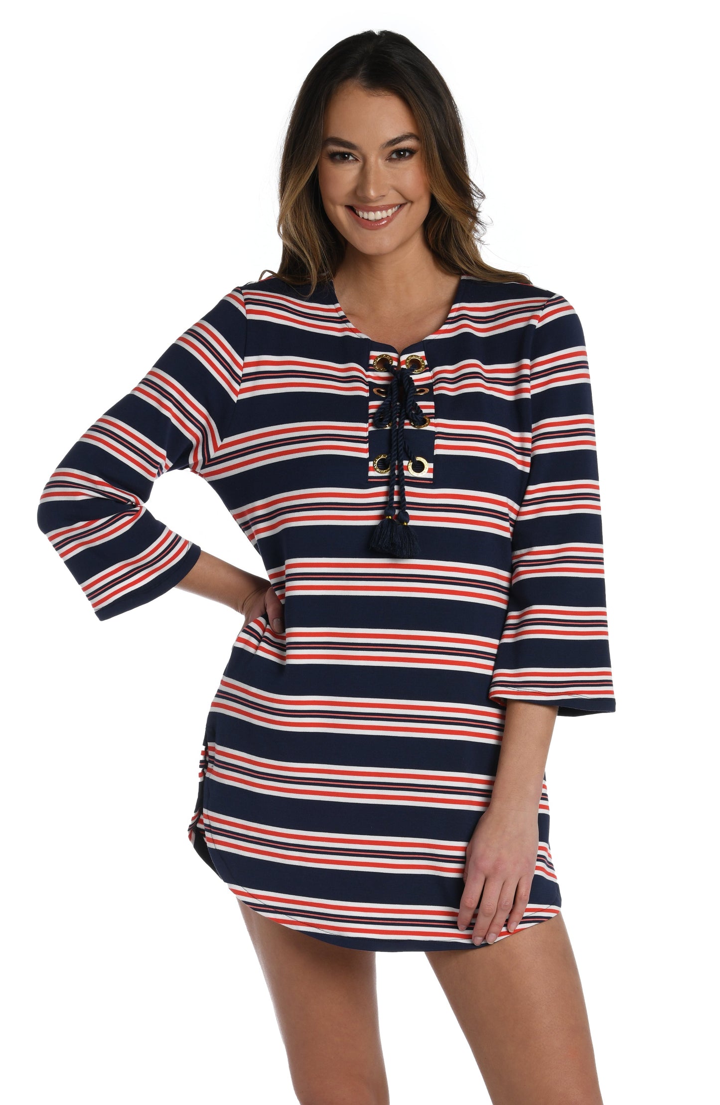 Model is wearing a red, white, and blue striped patterned v-neck tunic from our Sailor Stripe collection!