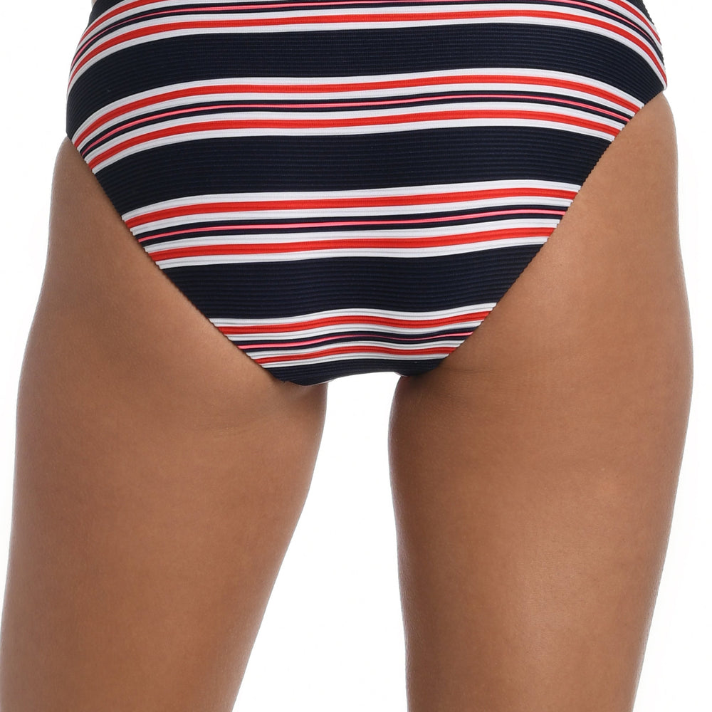 Model is wearing a red, white, and blue striped patterned hipster bottom from our Sailor Stripe collection!