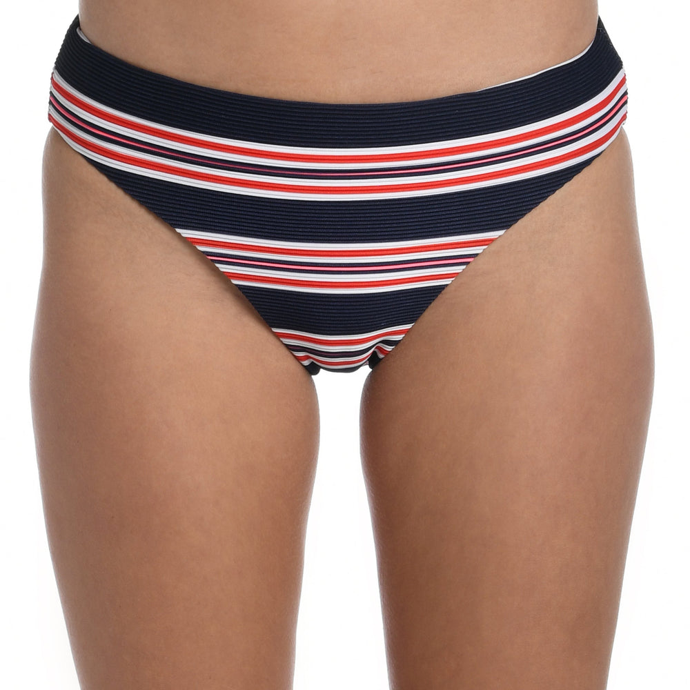 Model is wearing a red, white, and blue striped patterned hipster bottom from our Sailor Stripe collection!