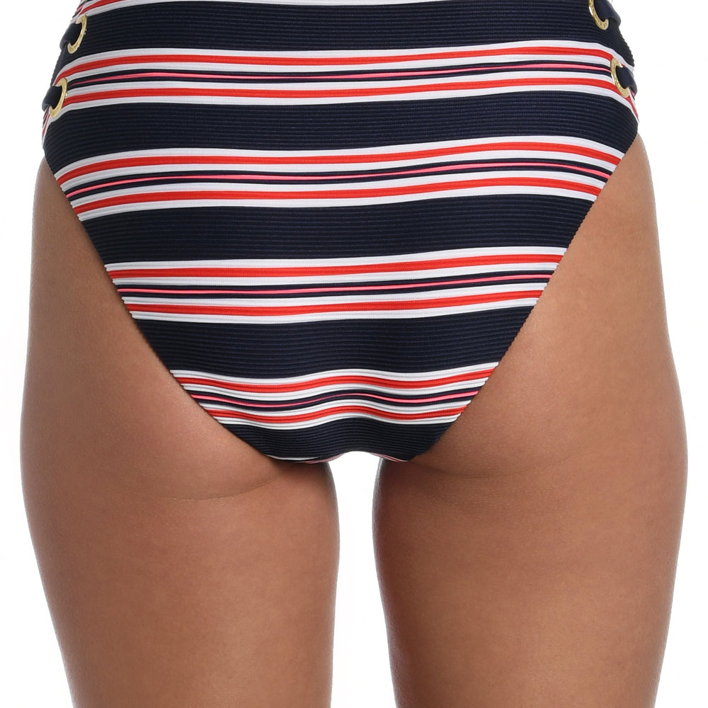 Model is wearing a red, white, and blue striped patterned high waist bottom from our Sailor Stripe collection!