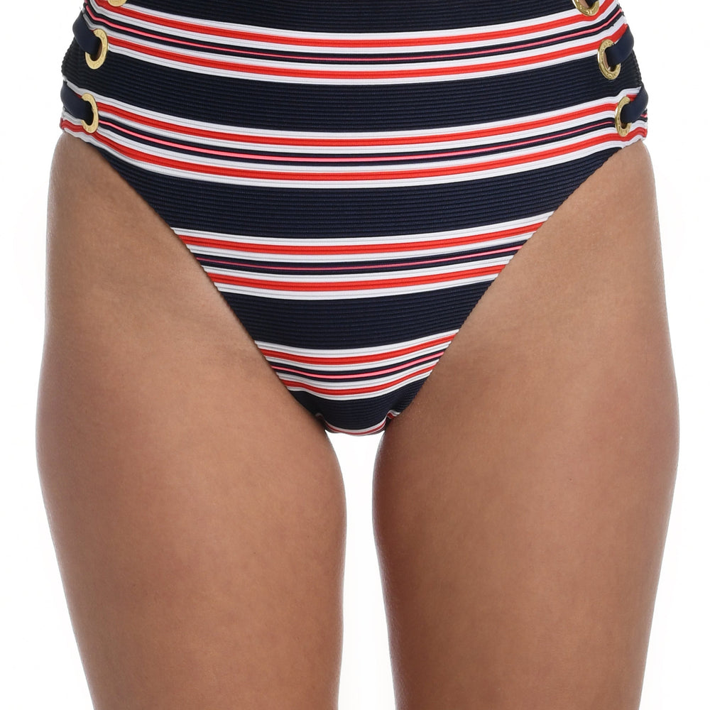 Model is wearing a red, white, and blue striped patterned high waist bottom from our Sailor Stripe collection!