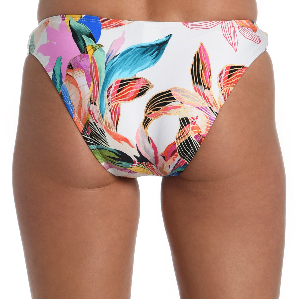 Model is wearing a multi colored tropical printed hipster bottom from our Paradise City collection!