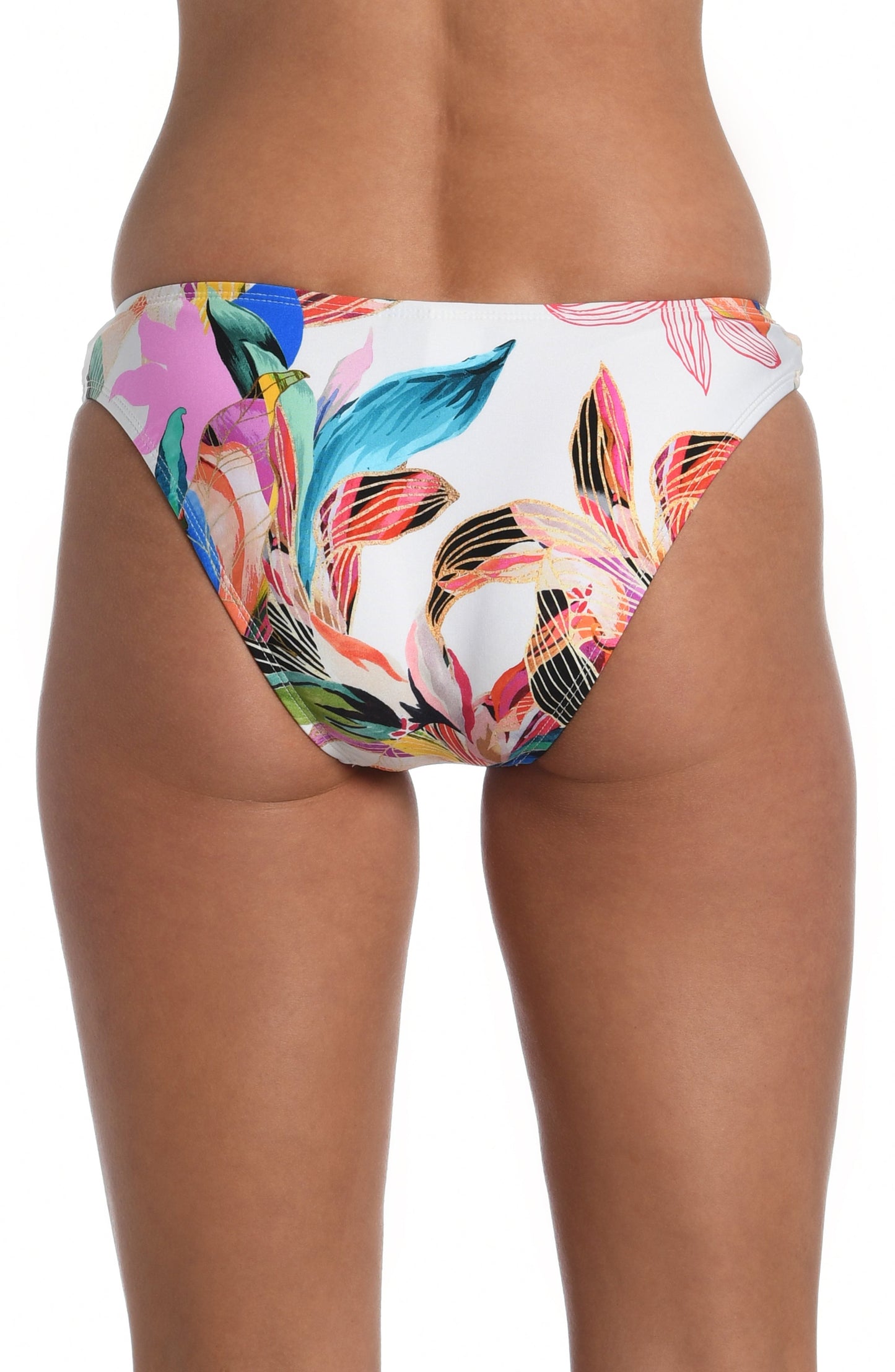 Model is wearing a multi colored tropical printed hipster bottom from our Paradise City collection!