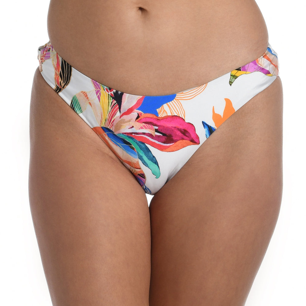 Model is wearing a multi colored tropical printed hipster bottom from our Paradise City collection!