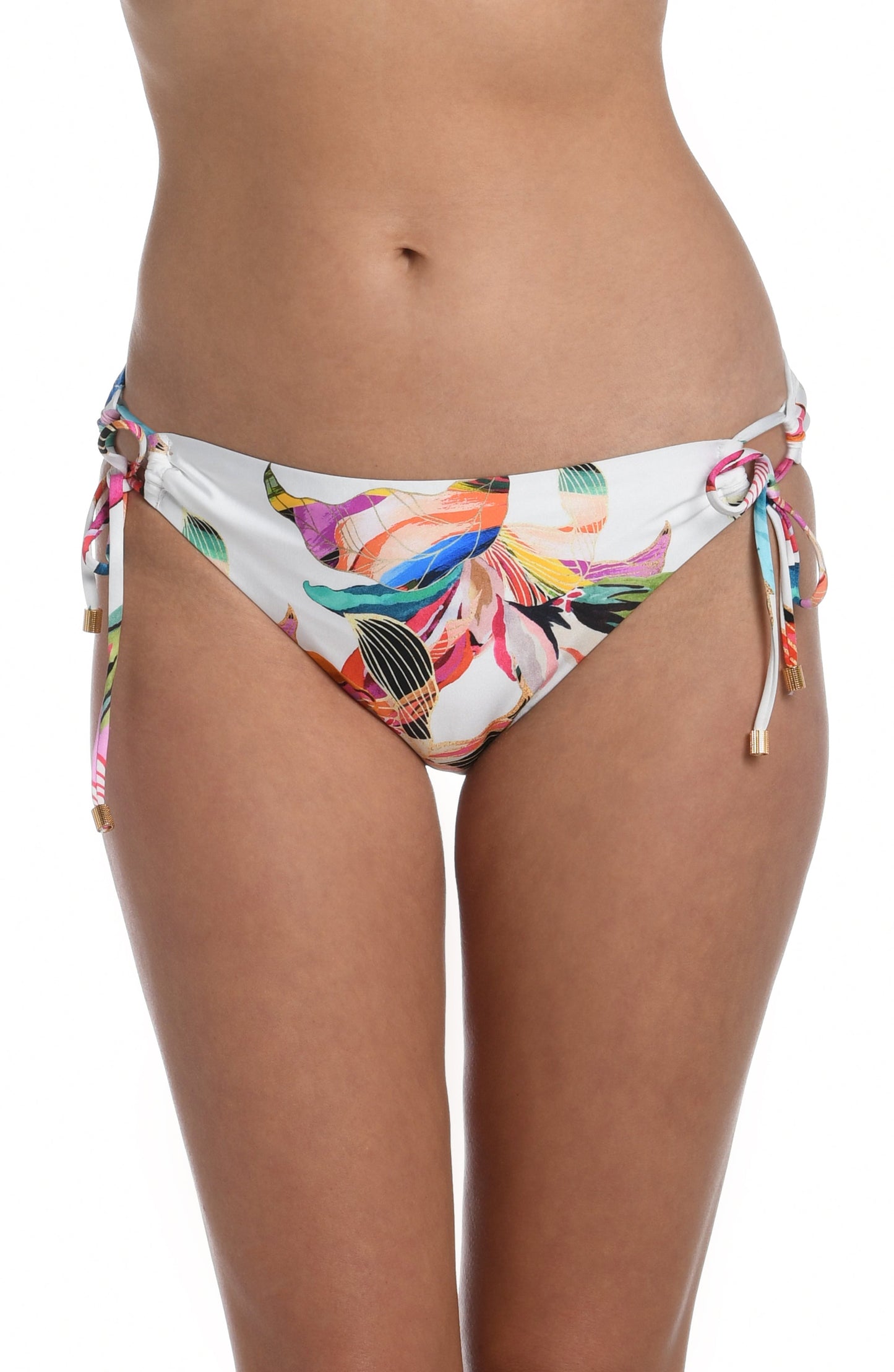 Model is wearing a multi colored tropical printed side tie hipster bottom from our Paradise City collection!